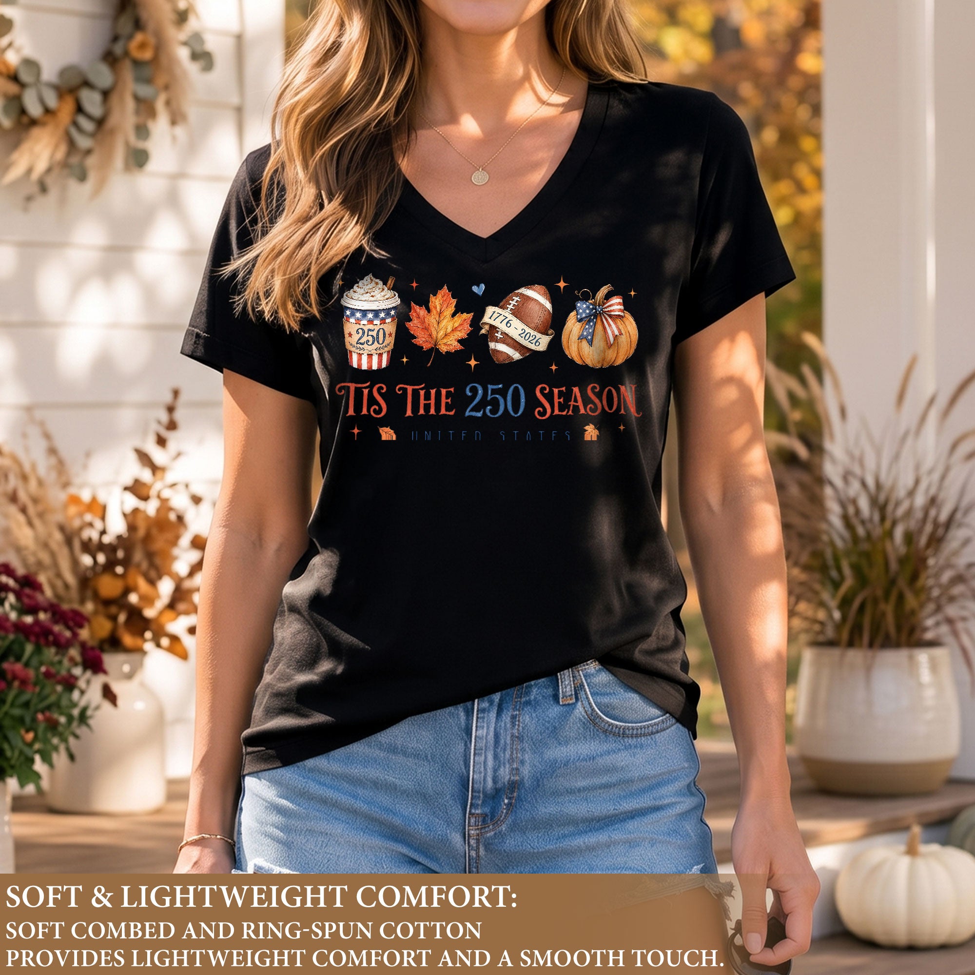 Patriotic Fall Football V-Neck Shirt Women Spooky Pumpkin Spice Latte United States Tee