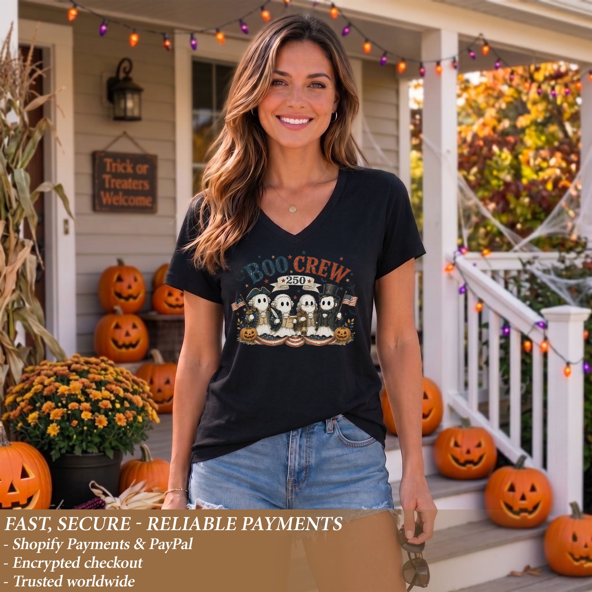 Patriotic Boo Crew Halloween V-Neck Shirt Women Cute Ghost Historical Figures Tee