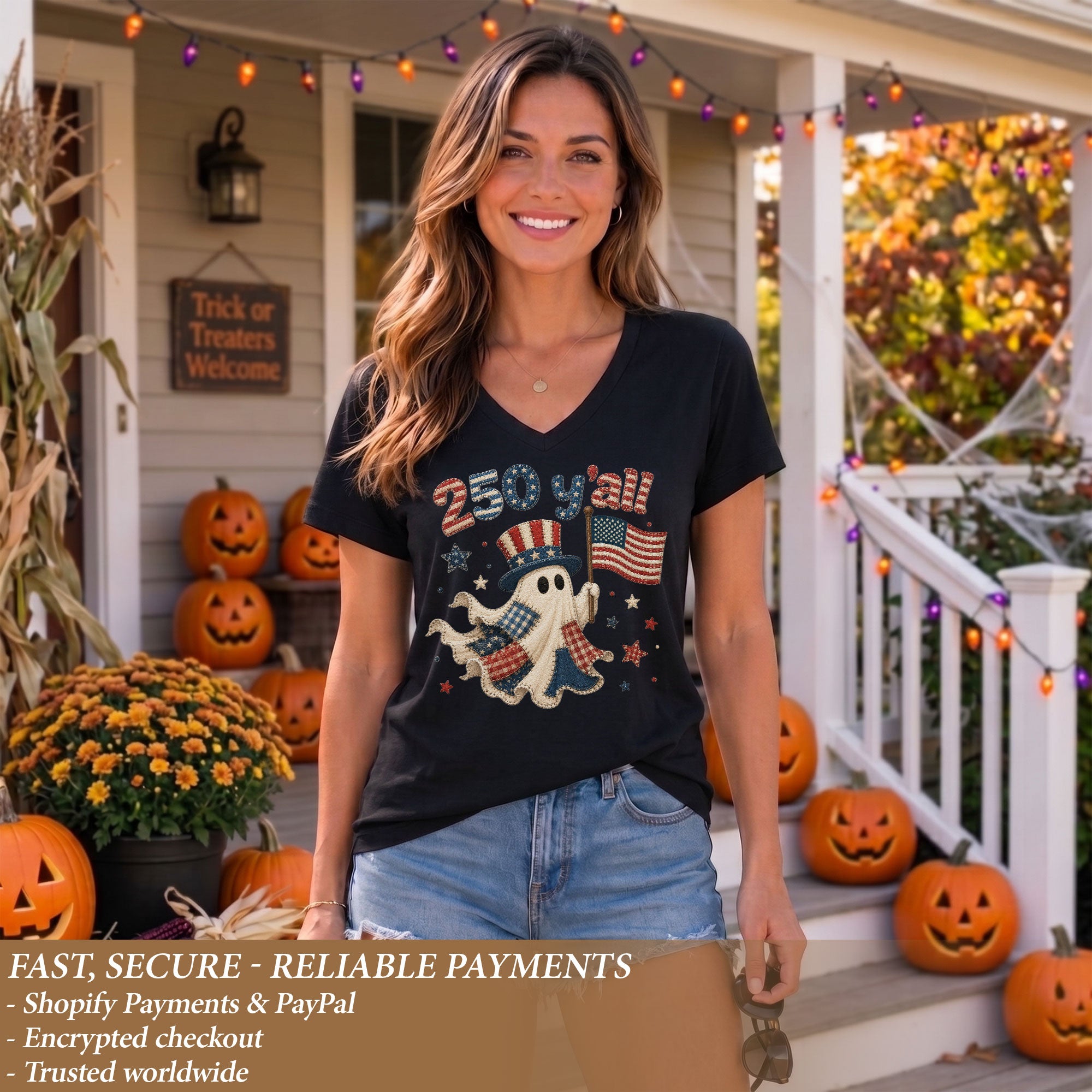 Patriotic Ghost Halloween V-Neck Shirt Women Cute Southern Y'all Uncle Sam Hat Tee