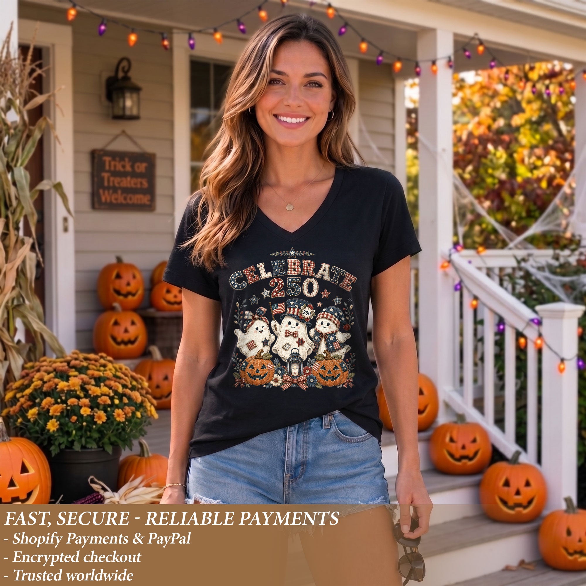 Patriotic Ghost Halloween V-Neck Shirt Women Cute Spooky Celebrate Party Graphic Tee