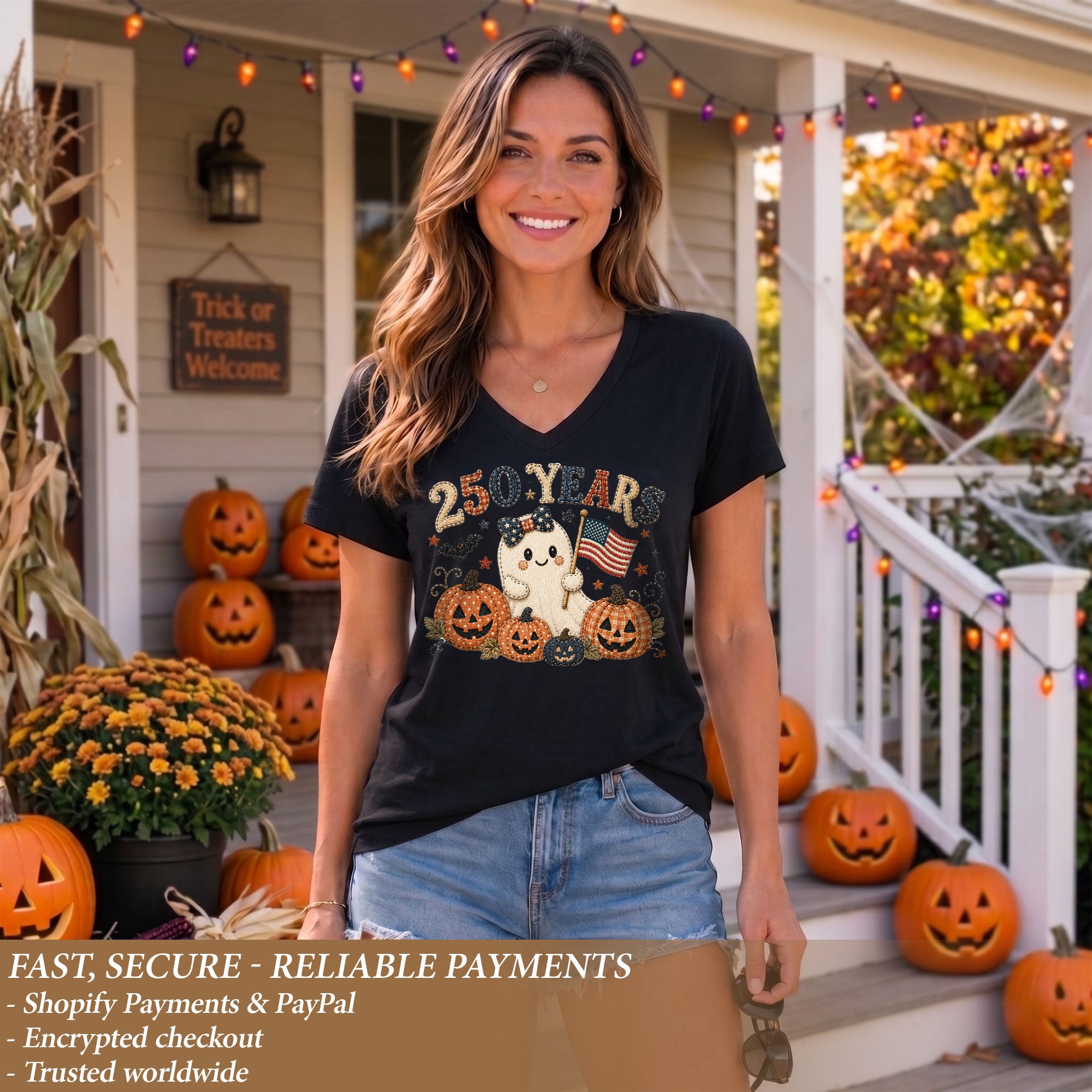 Cute Patriotic Ghost Halloween V-Neck Shirt Women Spooky Pumpkin Flag Graphic Tee