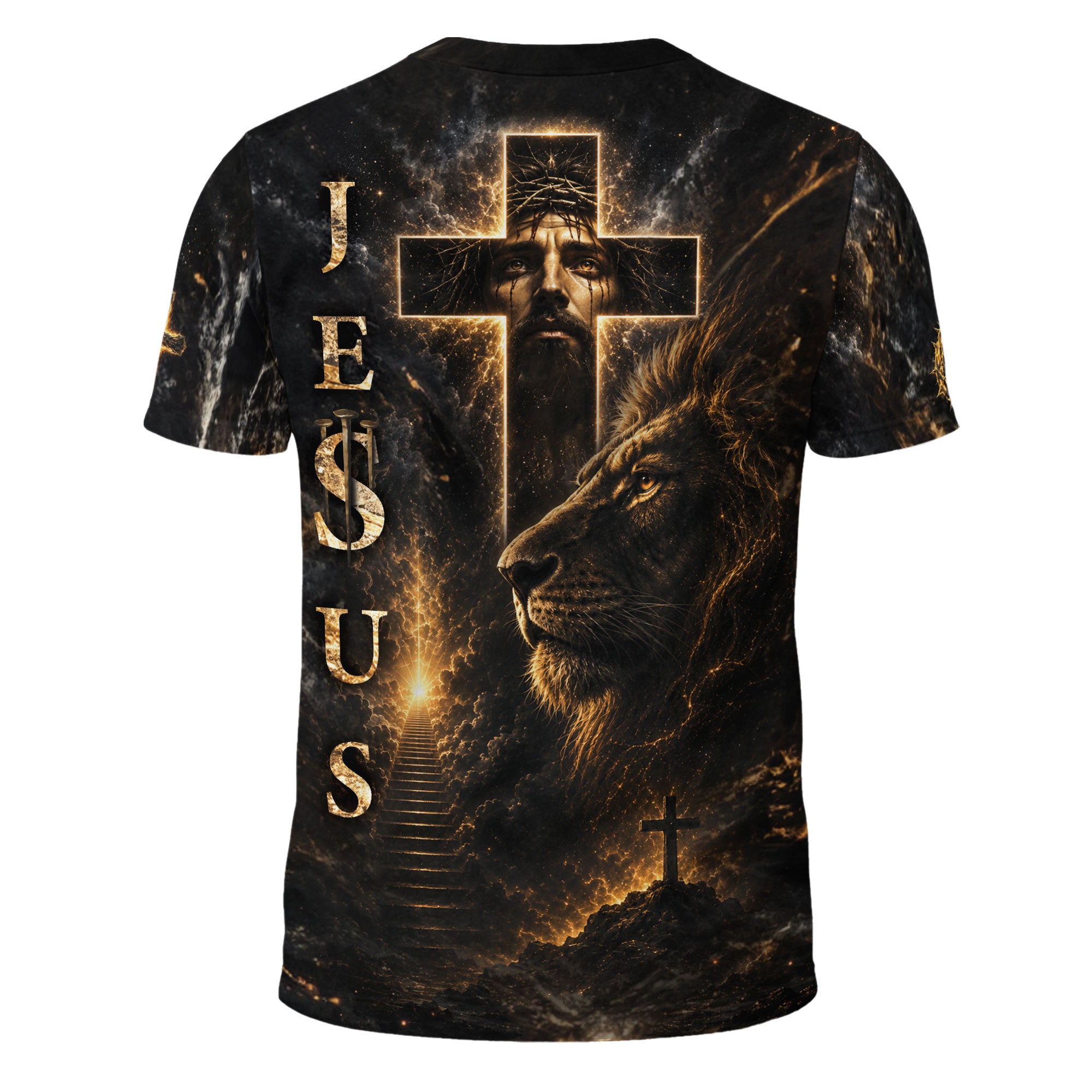 Faith Over Fear Jesus Lion Cross 3D Graphic Christian T Shirt Apparel Men Clothing