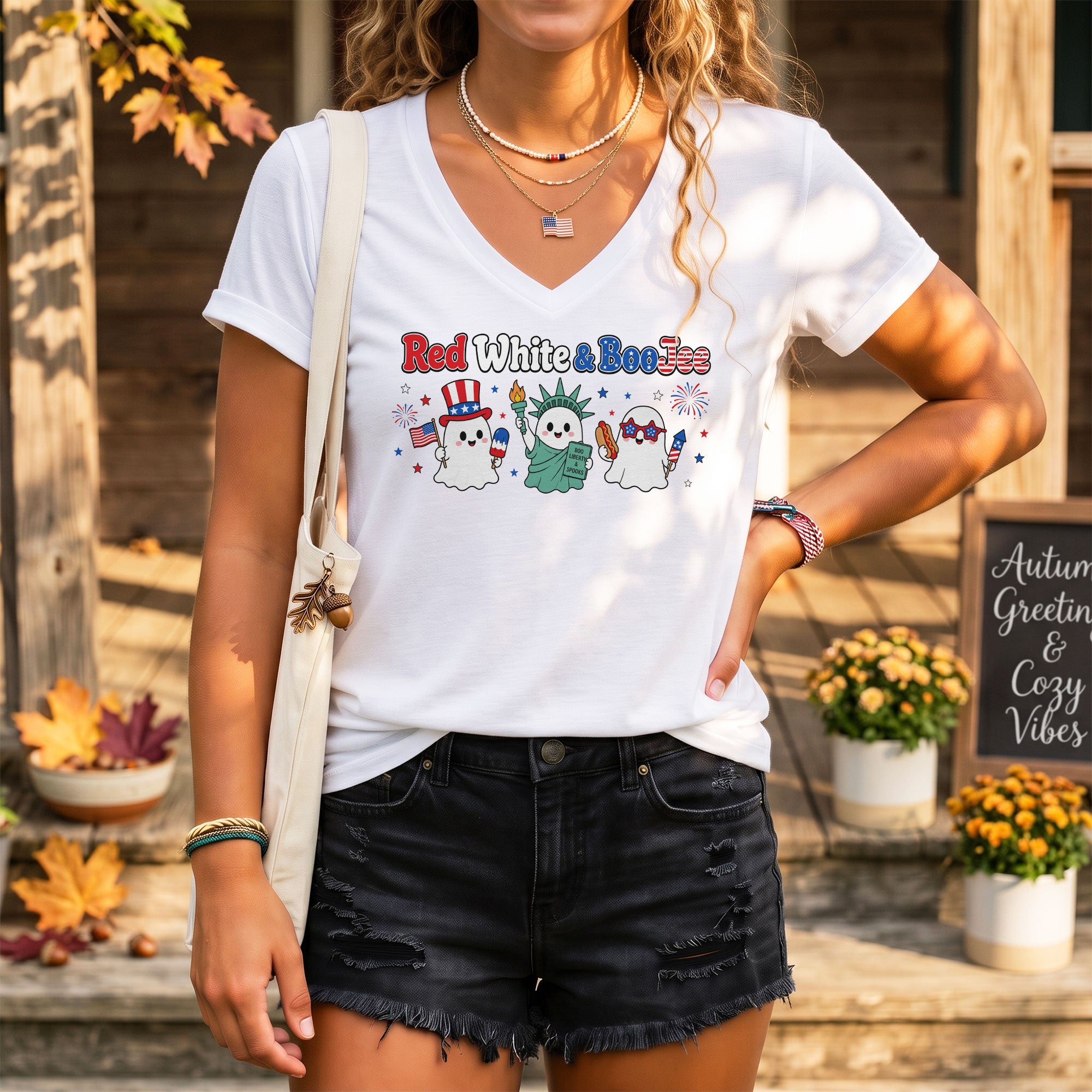 Red White And BooJee V Neck Shirt Cute Patriotic Ghost Women Graphic Tee