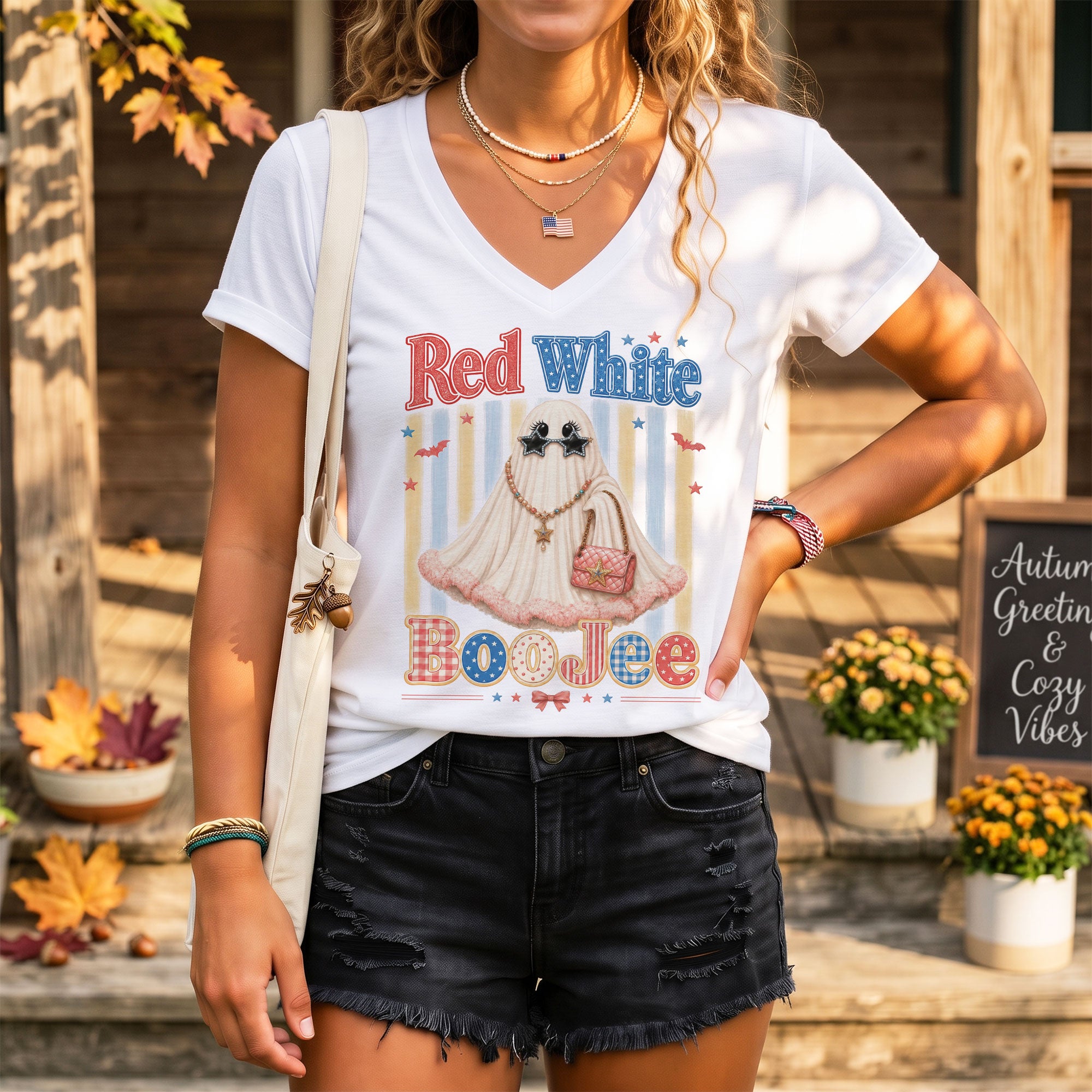 Red White BooJee V Neck Shirt Glam Ghost Fashion Patriotic Women Graphic Tee