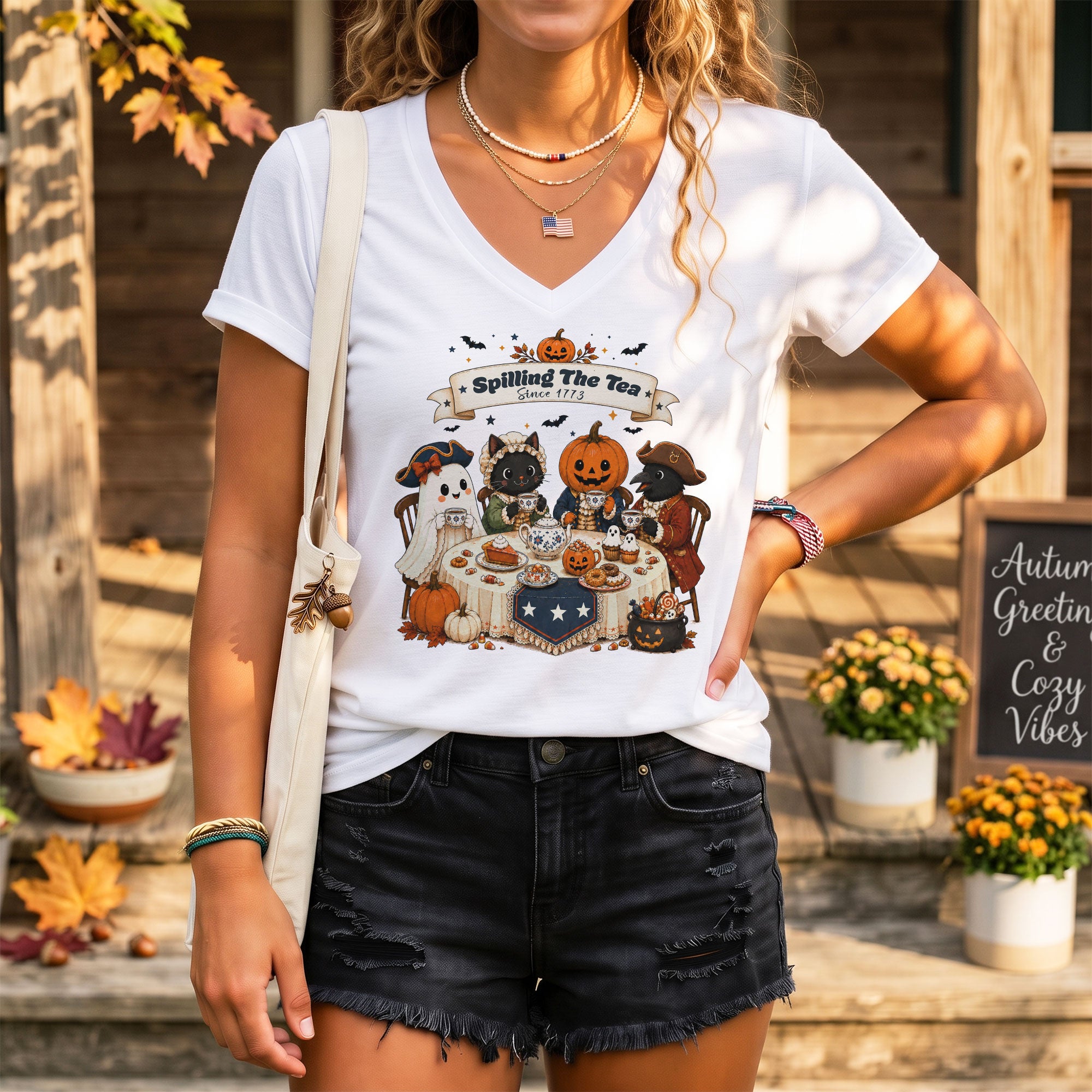 Spilling The Tea Since 1773 V Neck Shirt Funny Ghost Pumpkin Women Graphic Tee
