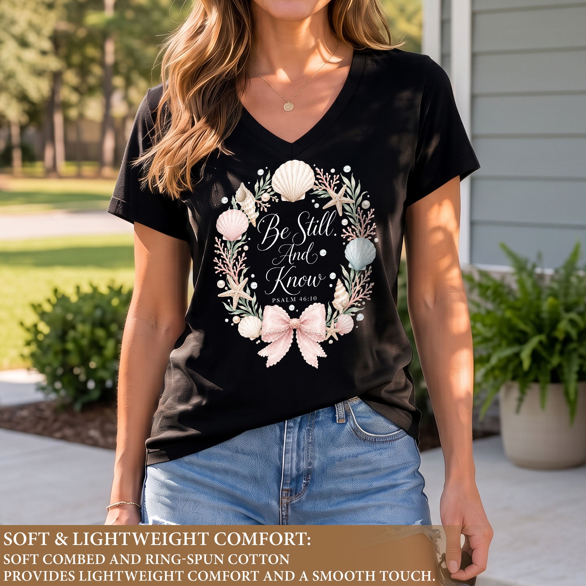 Be Still And Know Seashell Floral Wreath Psalm 46 10 Christian V Neck Shirt Women
