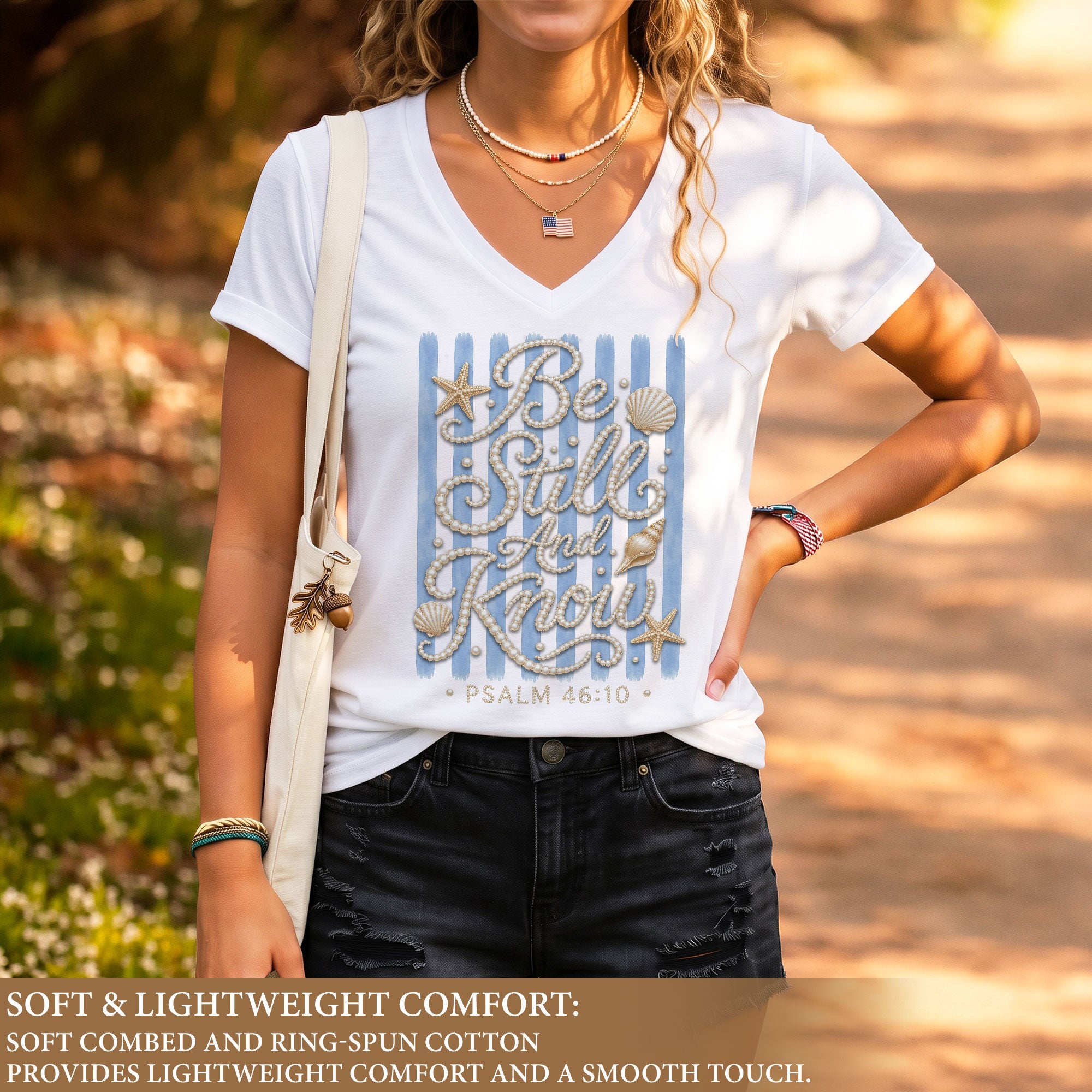 Be Still And Know Pearl Stripes Seashells Psalm 46 10 Christian V Neck Shirt Women