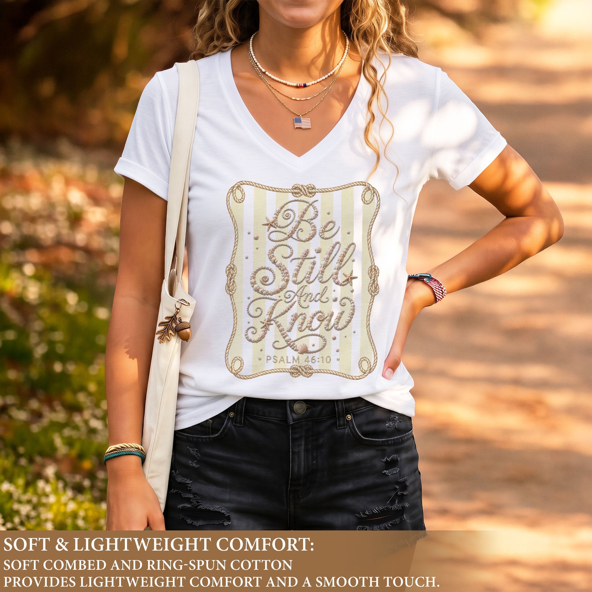 Be Still And Know Seashell Rope Stripes Psalm 46 10 Christian V Neck Shirt Women