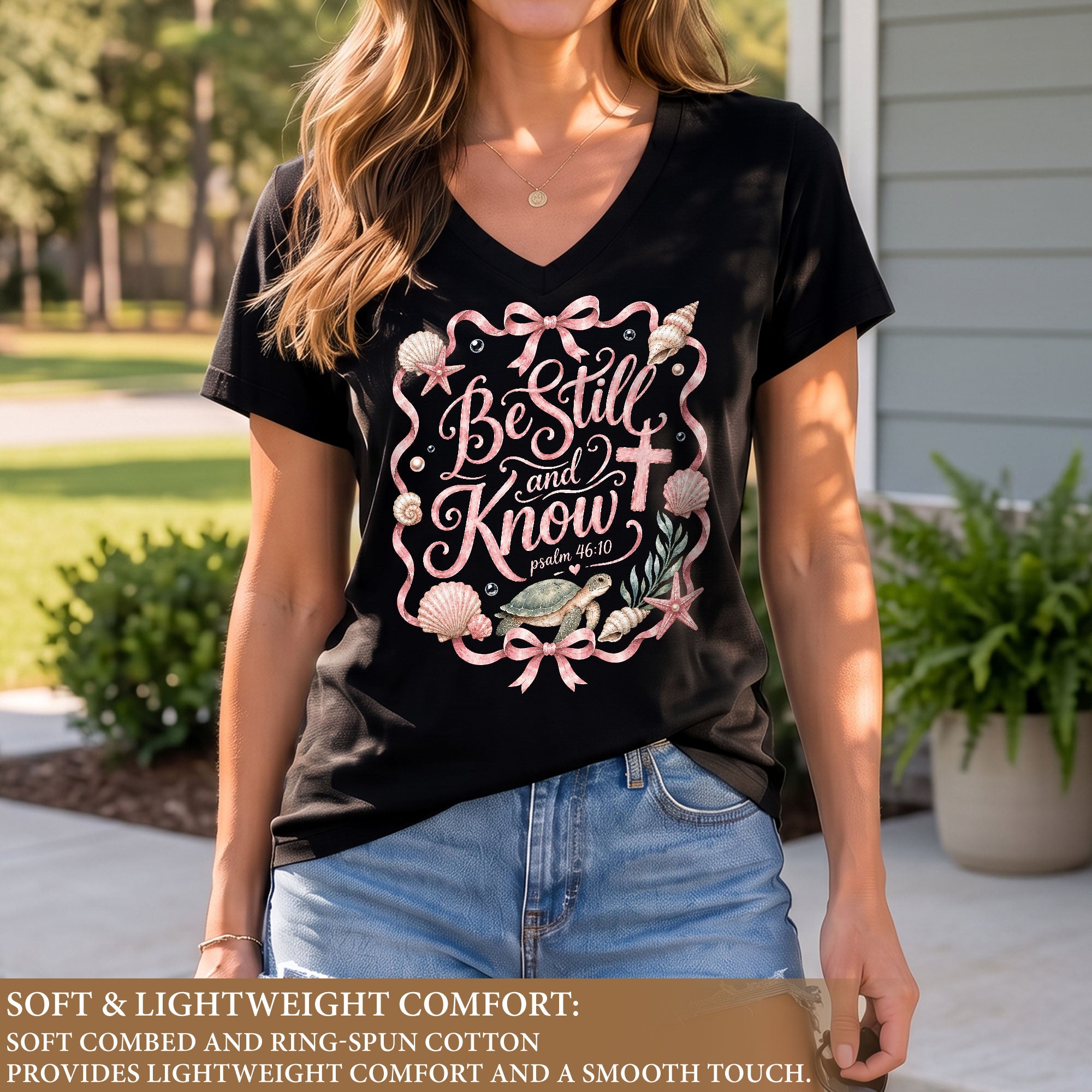 Be Still And Know Sea Turtle Ribbon Cross Psalm 46 10 Christian V Neck Shirt Women
