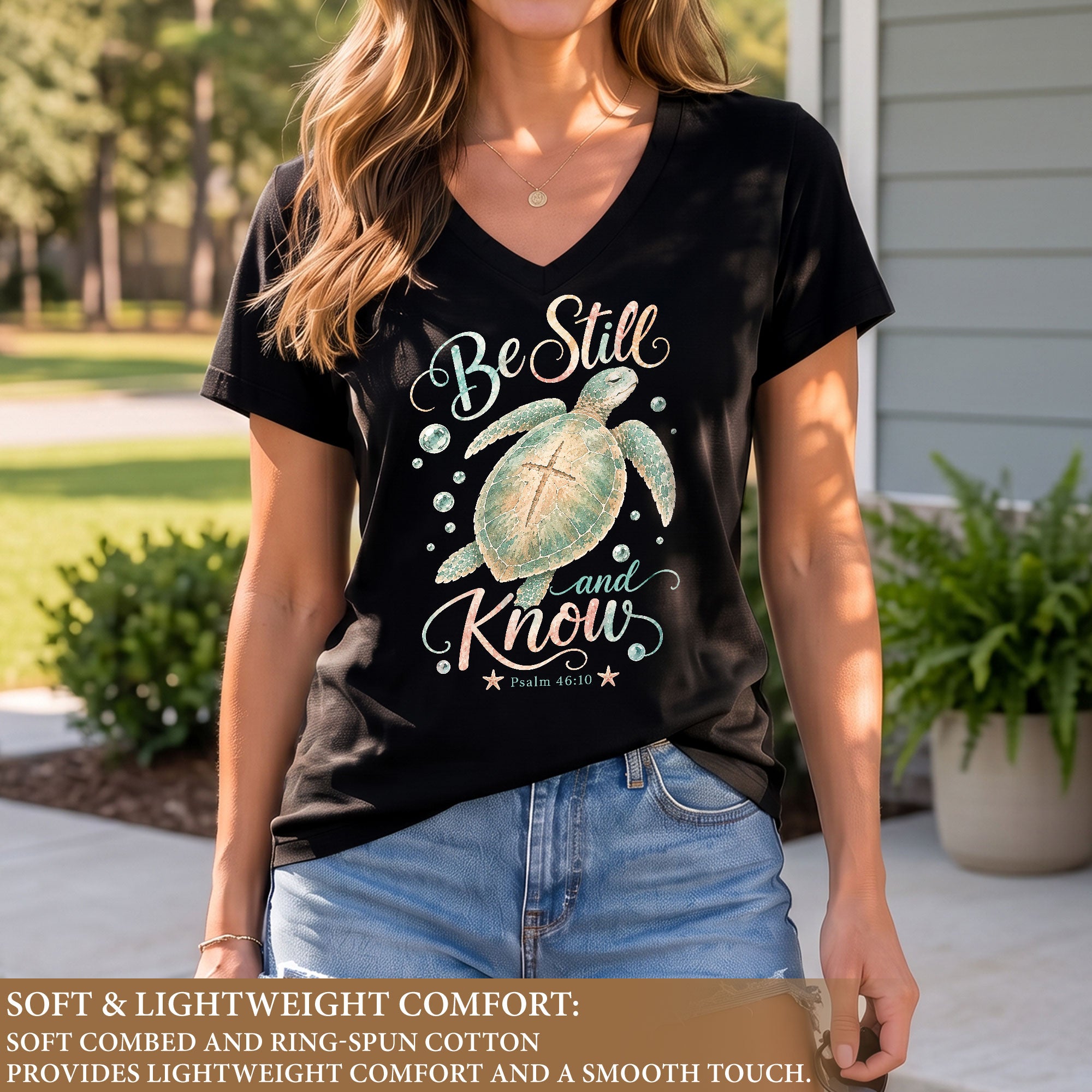 Be Still And Know Sea Turtle Cross Shell Psalm 46 10 Christian V Neck Shirt Women