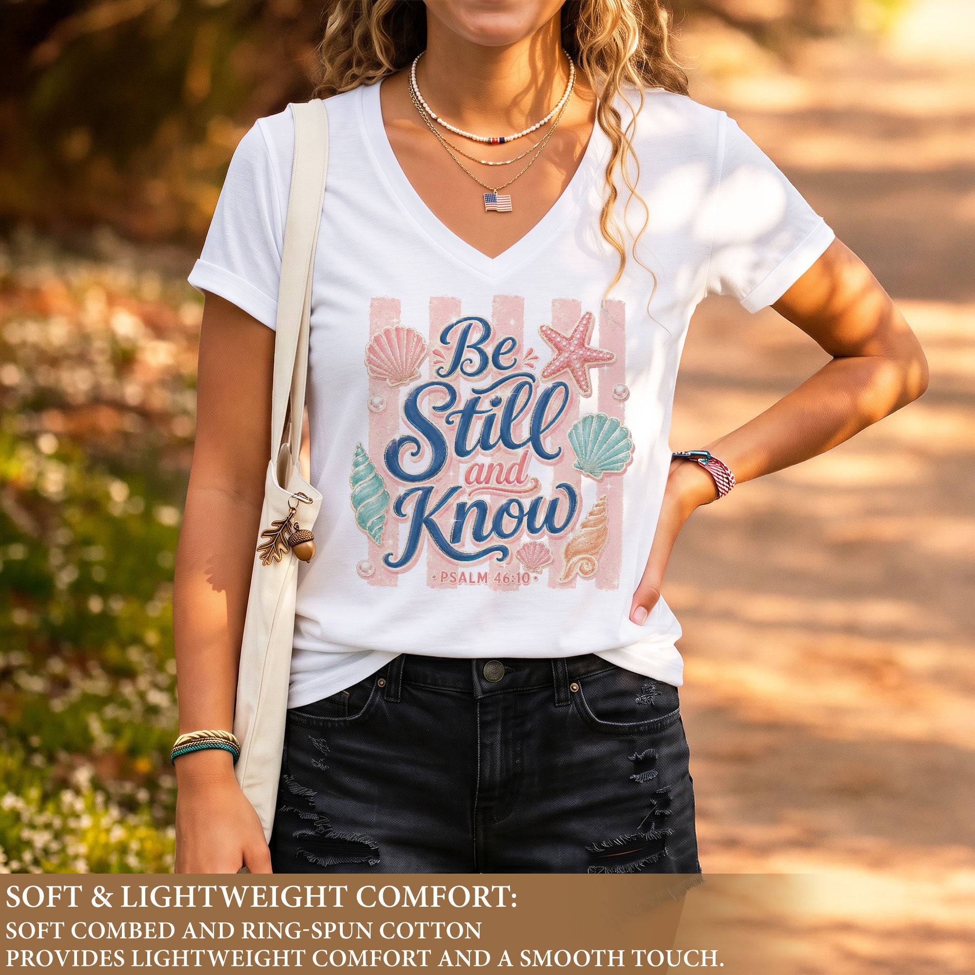 Be Still And Know Pink Stripes Seashells Psalm 46 10 Christian V Neck Shirt Women