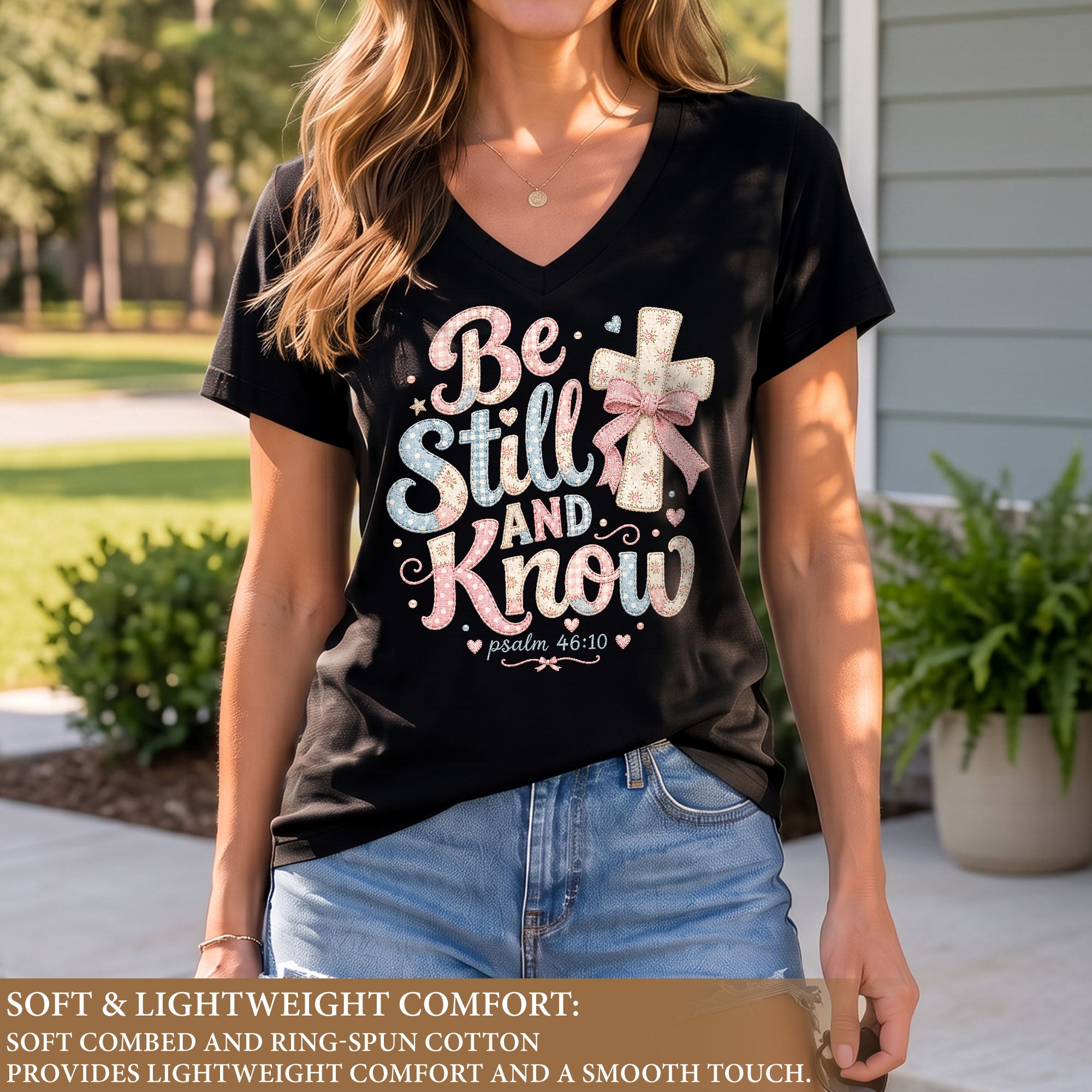 Be Still And Know Pastel Patchwork Cross Psalm 46 10 Christian V Neck Shirt Women