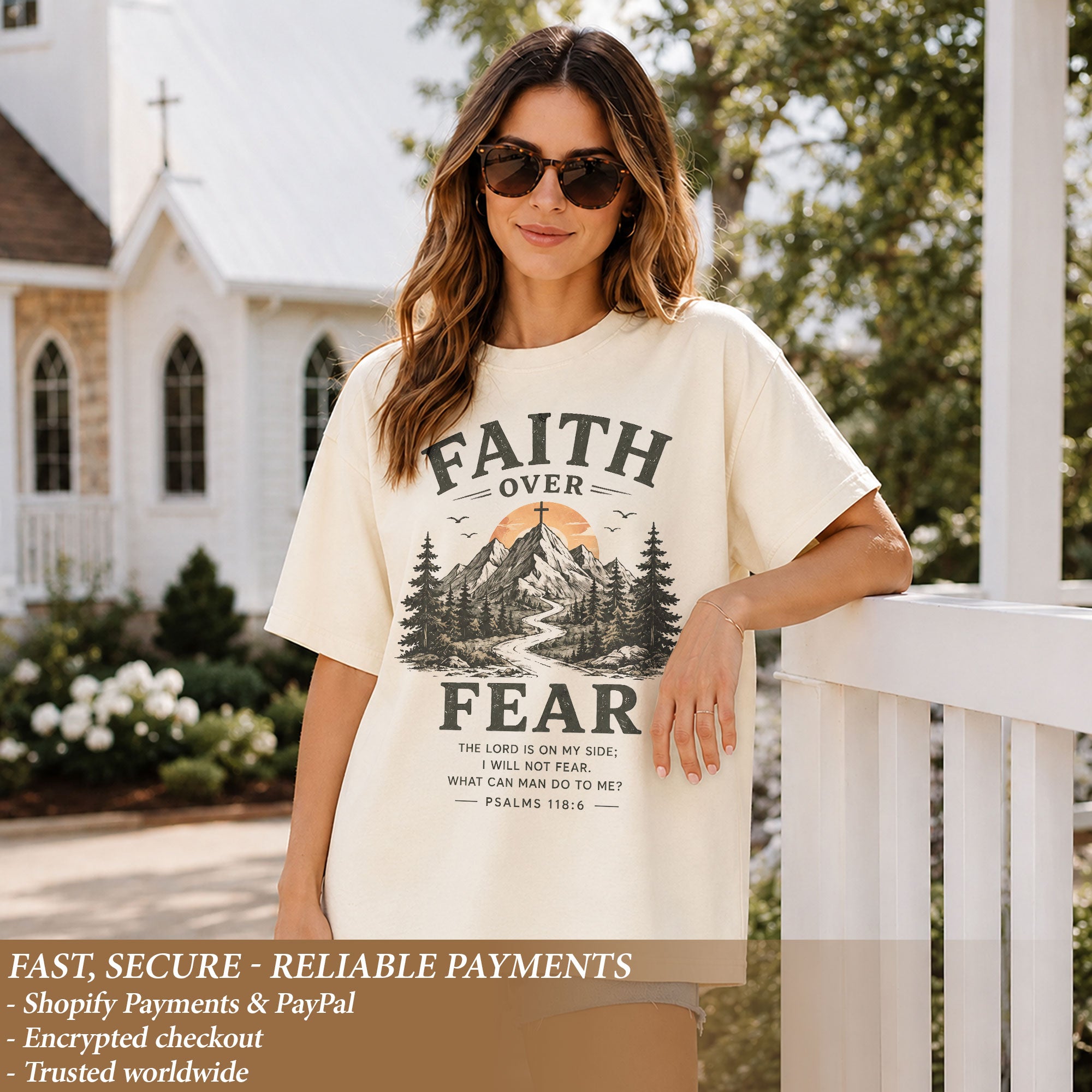 Faith Over Fear Christian Women Shirt Mountain Cross Graphic Inspirational Faith Tee
