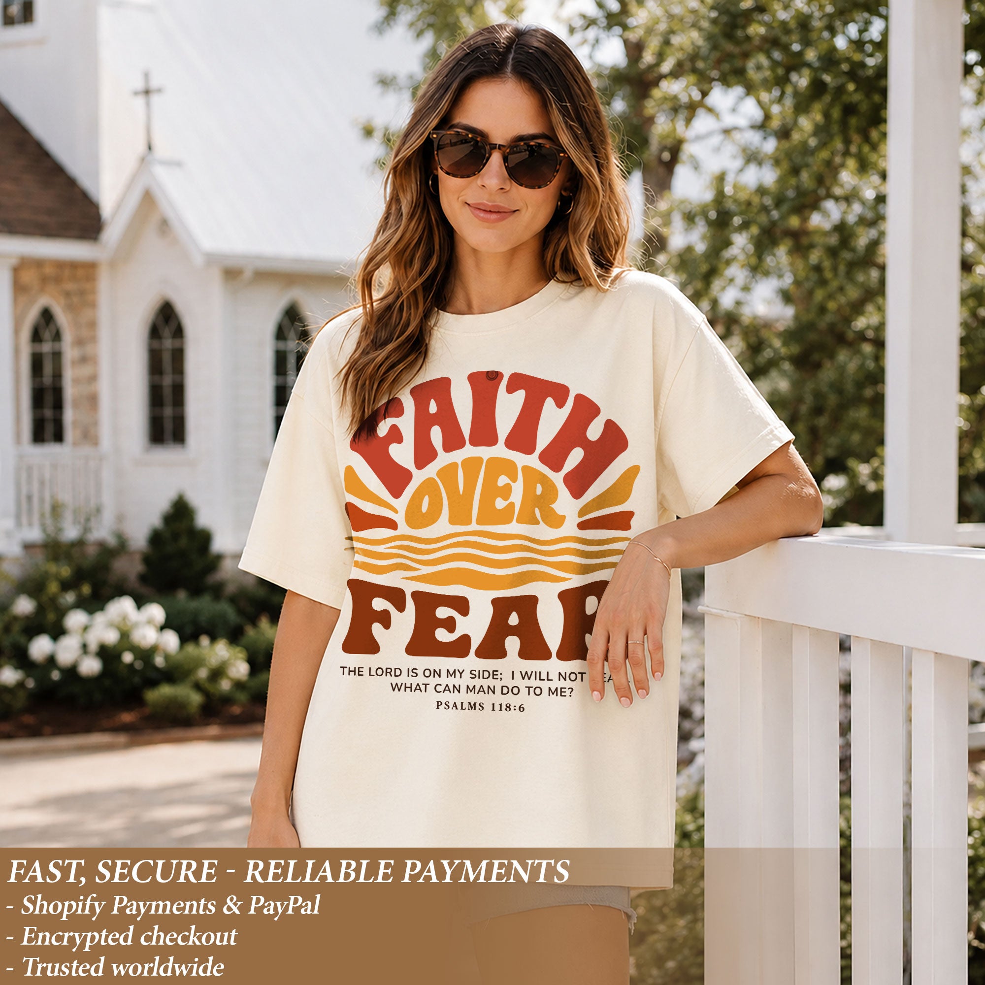 Faith Over Fear Christian Women Shirt Retro Sunset Graphic Inspirational Scripture Tee