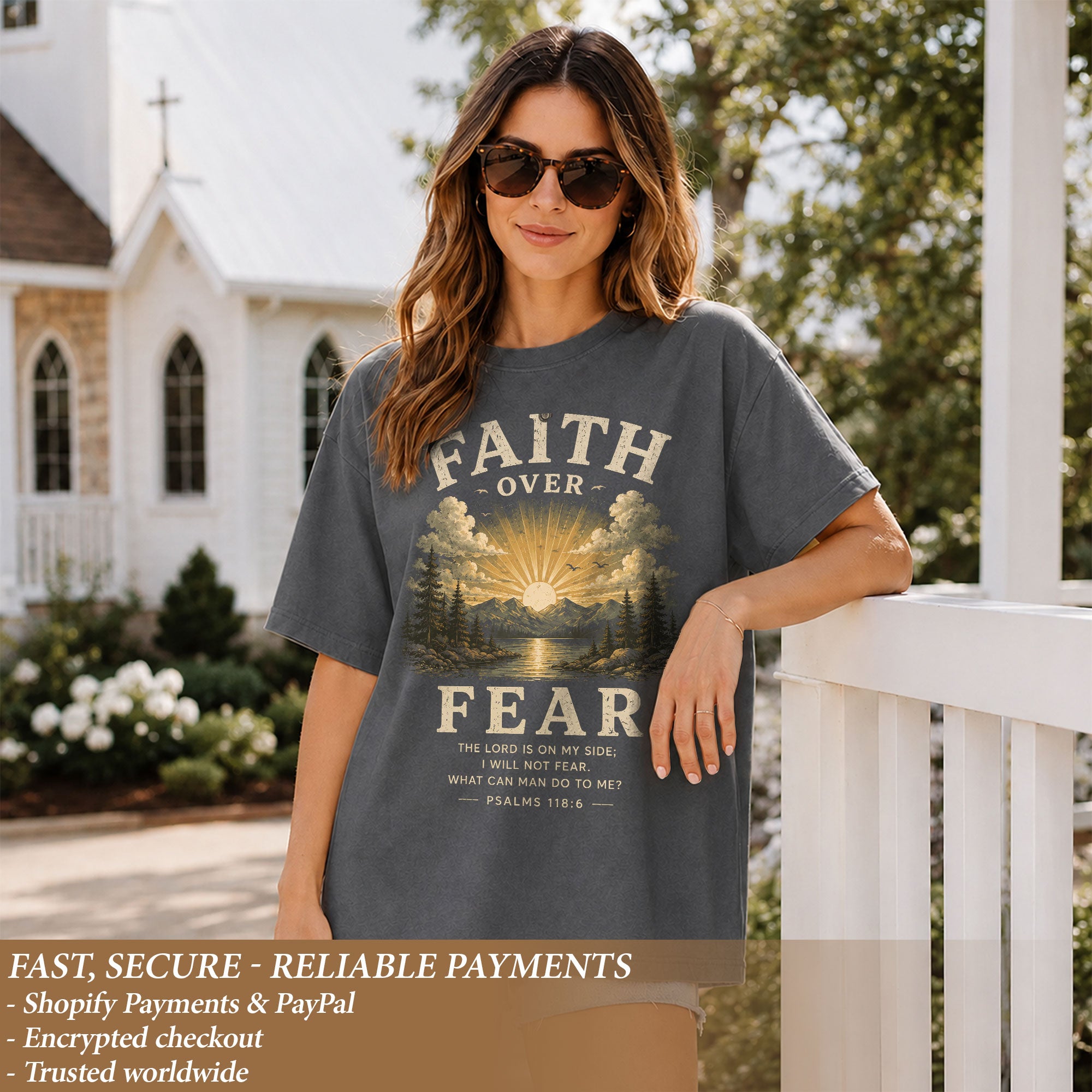 Faith Over Fear Christian Women Shirt Vintage Mountain Sunset Bible Verse T-Shirt