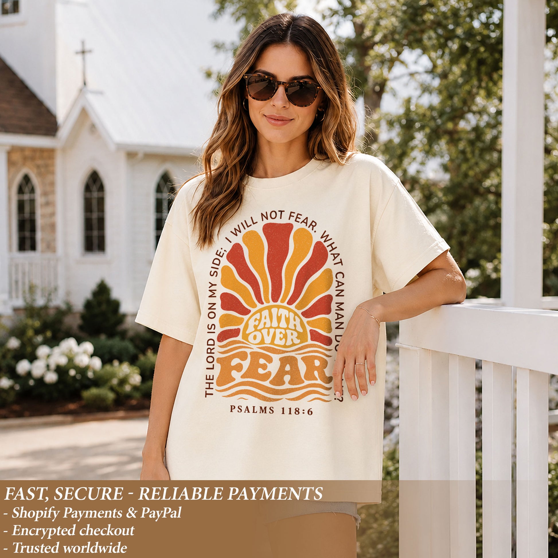 Faith Over Fear Christian Shirt Retro Sunburst Bible Verse Women T-Shirt Tee Gift - Rust Field Wear