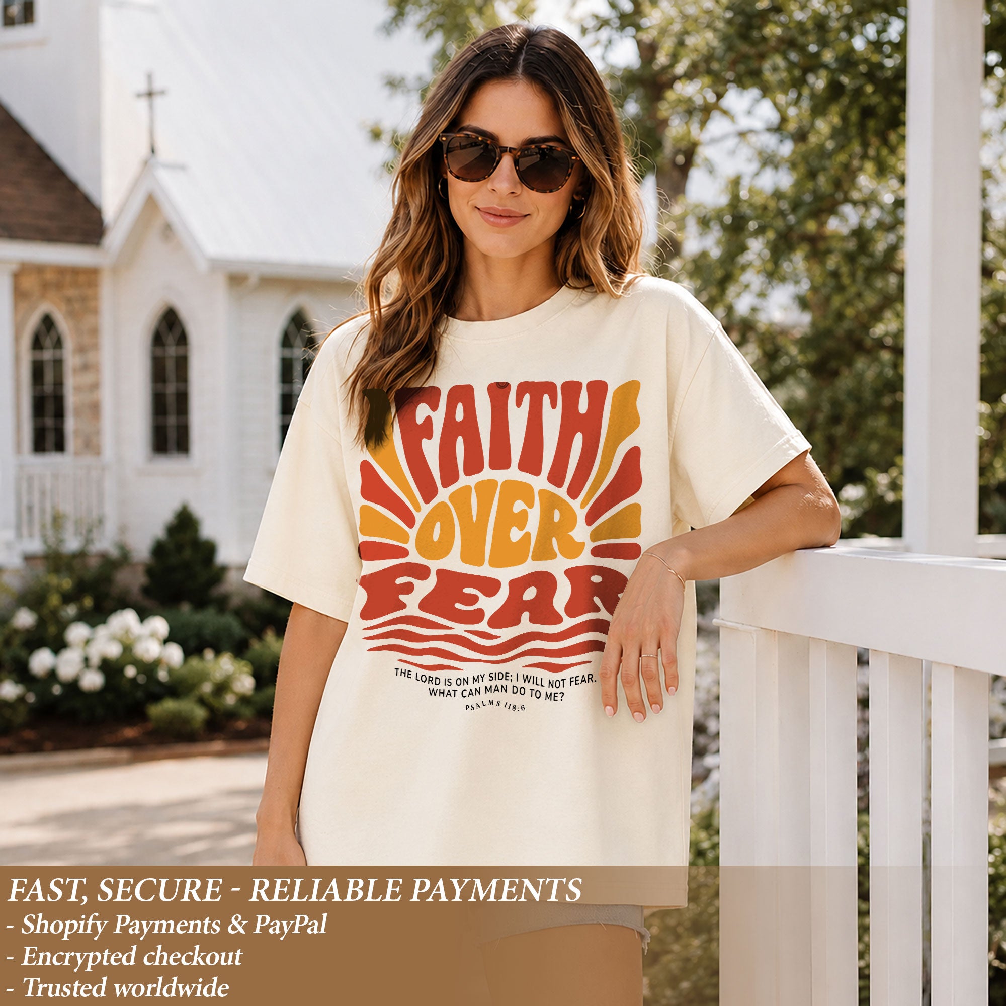 Faith Over Fear Christian Women Shirt Retro Wavy Font Graphic T-Shirt Psalms 118:6 - Rust Field Wear