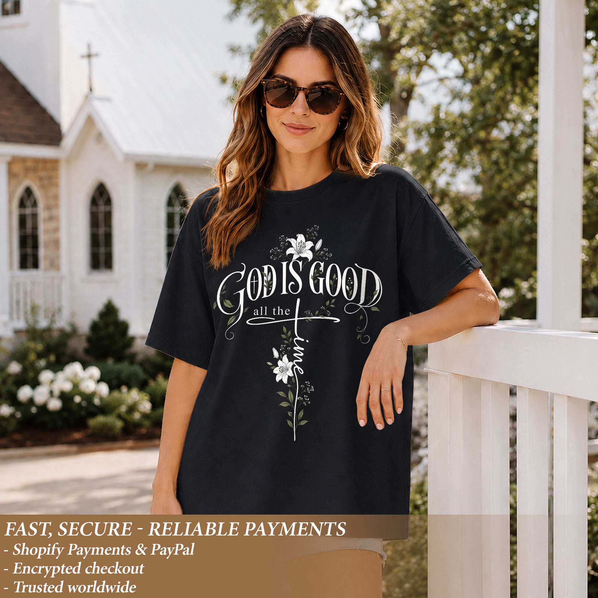 God Is Good All The Time Cross Floral Christian Graphic Casual Crewneck Tee Women