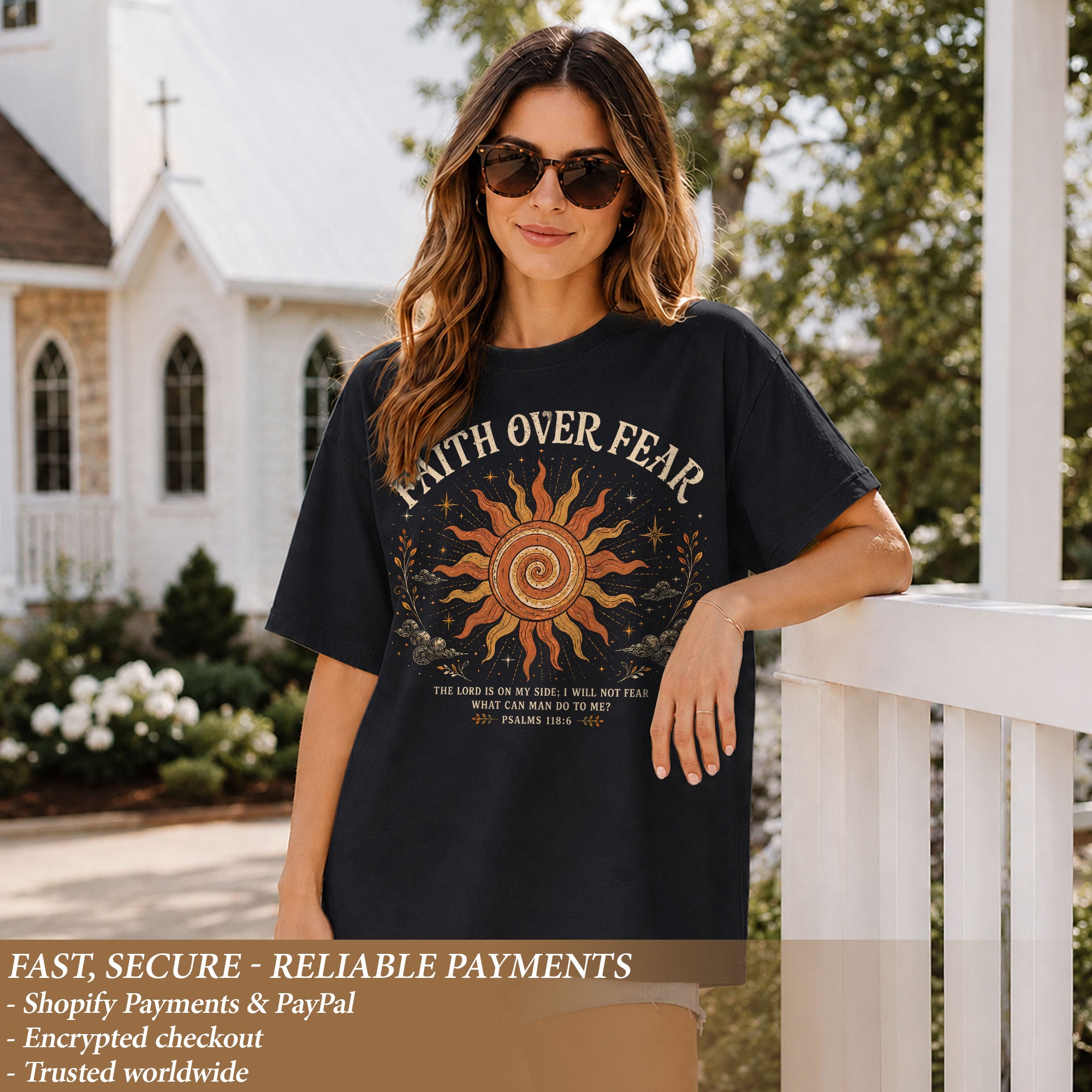 Faith Over Fear T Shirt Christian Women Sun Clouds Psalms 118 6 Religious Tee Top