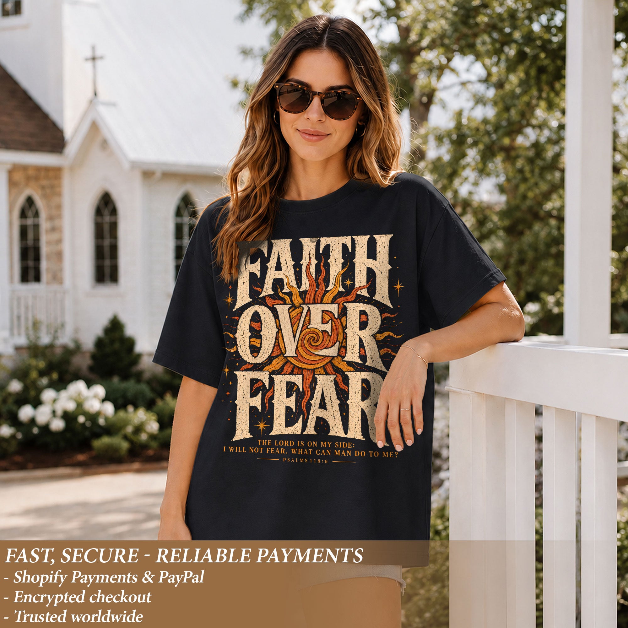 Faith Over Fear T Shirt Christian Women Big Bold Sun Psalm 118 6 Religious Tee Top
