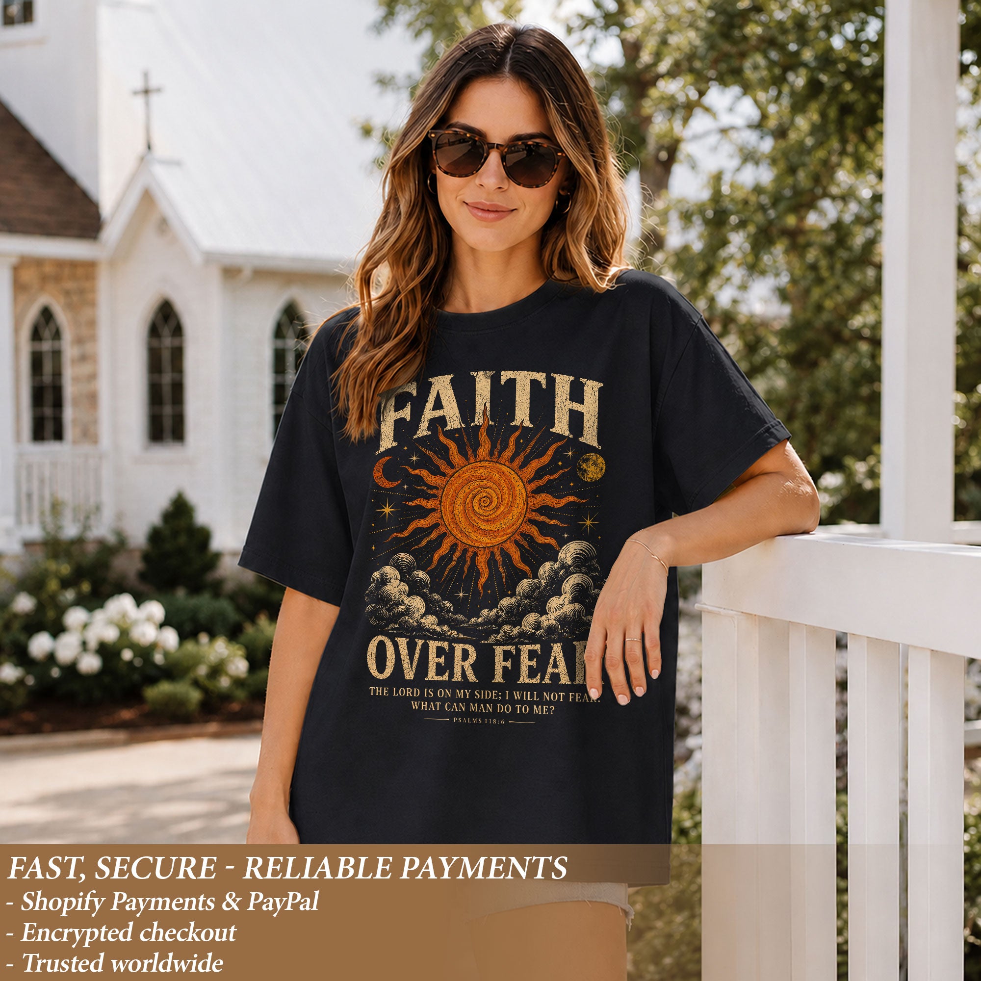 Faith Over Fear T Shirt Christian Women Sun Moon Clouds Psalm 118 6 Religious Tee