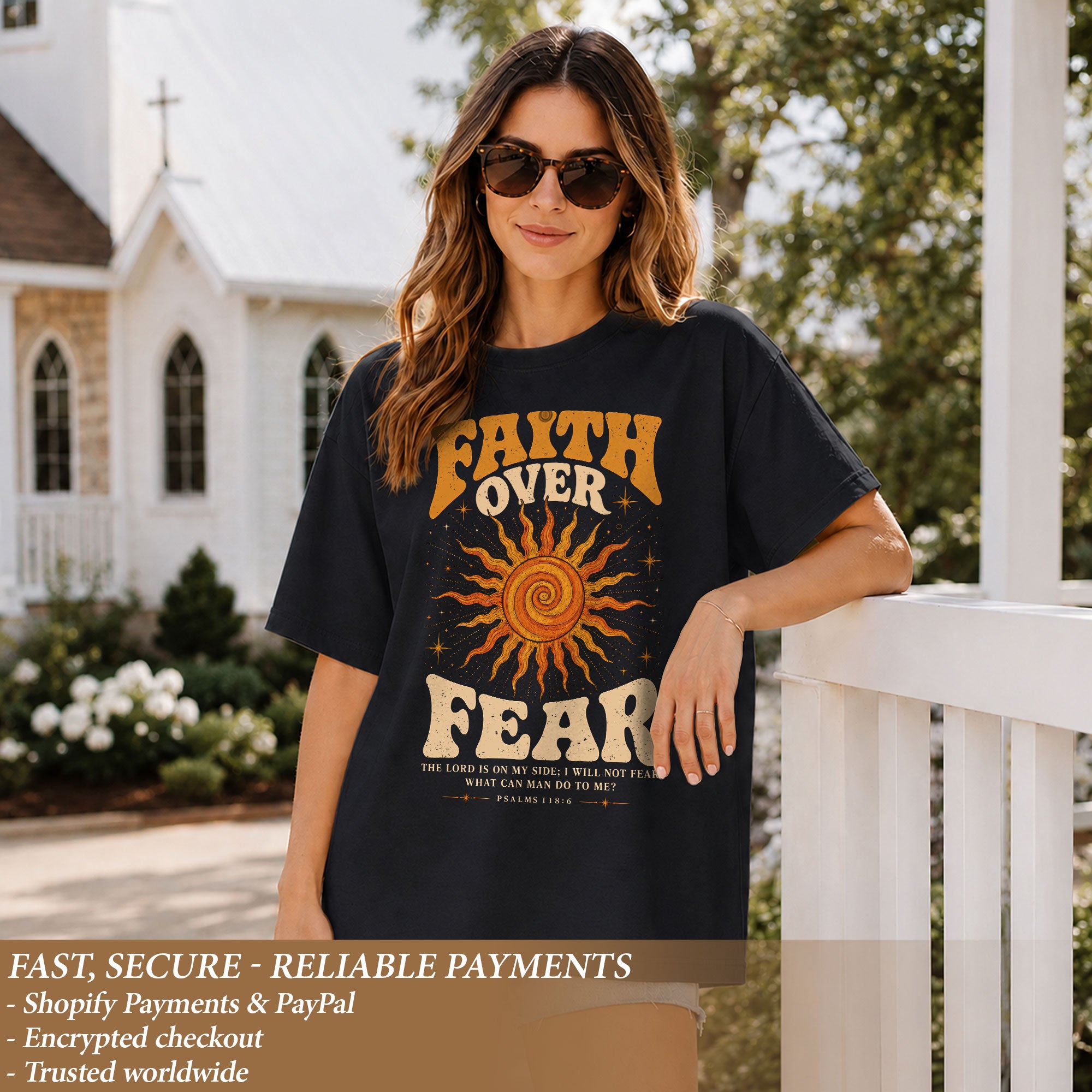 Faith Over Fear T Shirt Christian Women Retro Sun Stars Psalm 118 6 Religious Tee