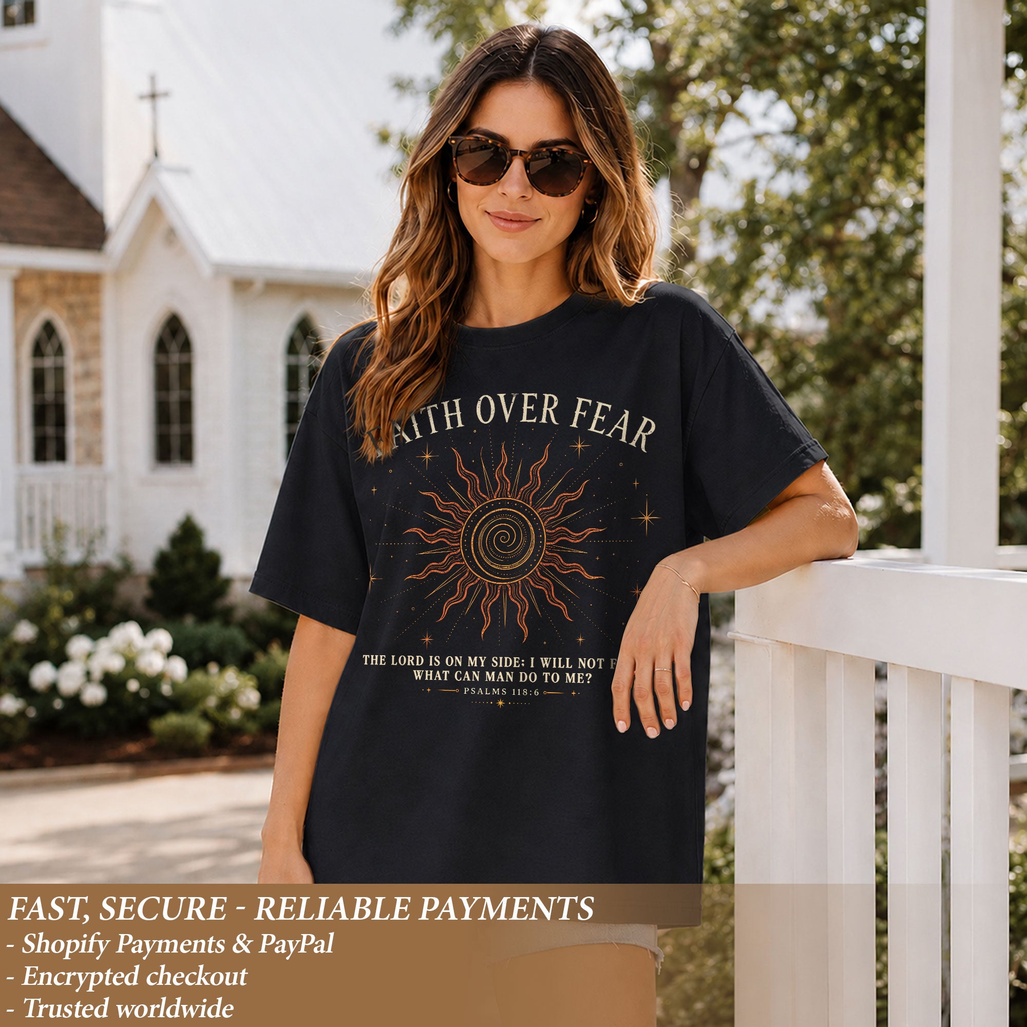 Faith Over Fear T Shirt Christian Women Radiant Sun Psalms 118 6 Religious Tee Top