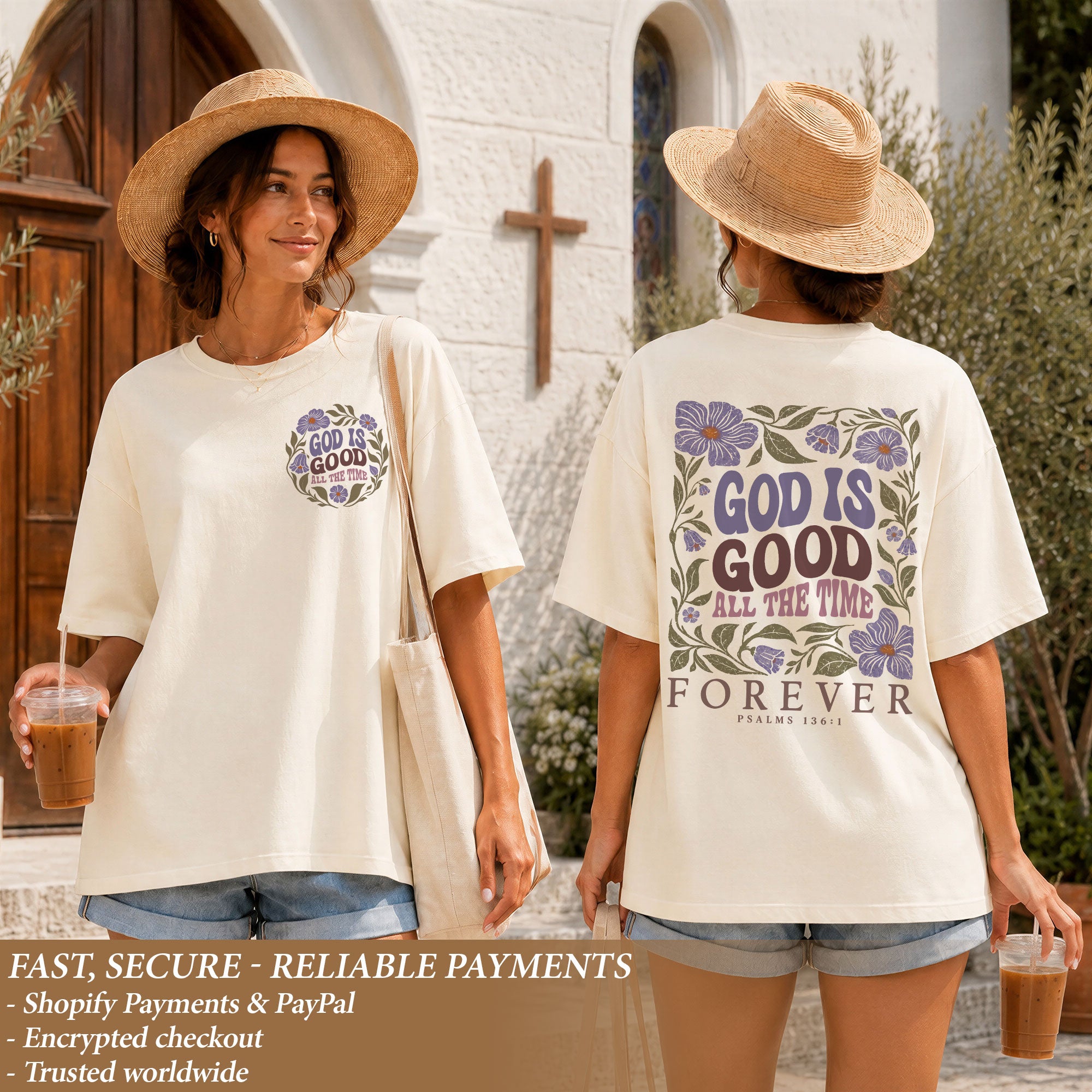 God Is Good All The Time Purple Floral Psalms 136 1 Christian T Shirt Apparel Women - Rust Field Wear