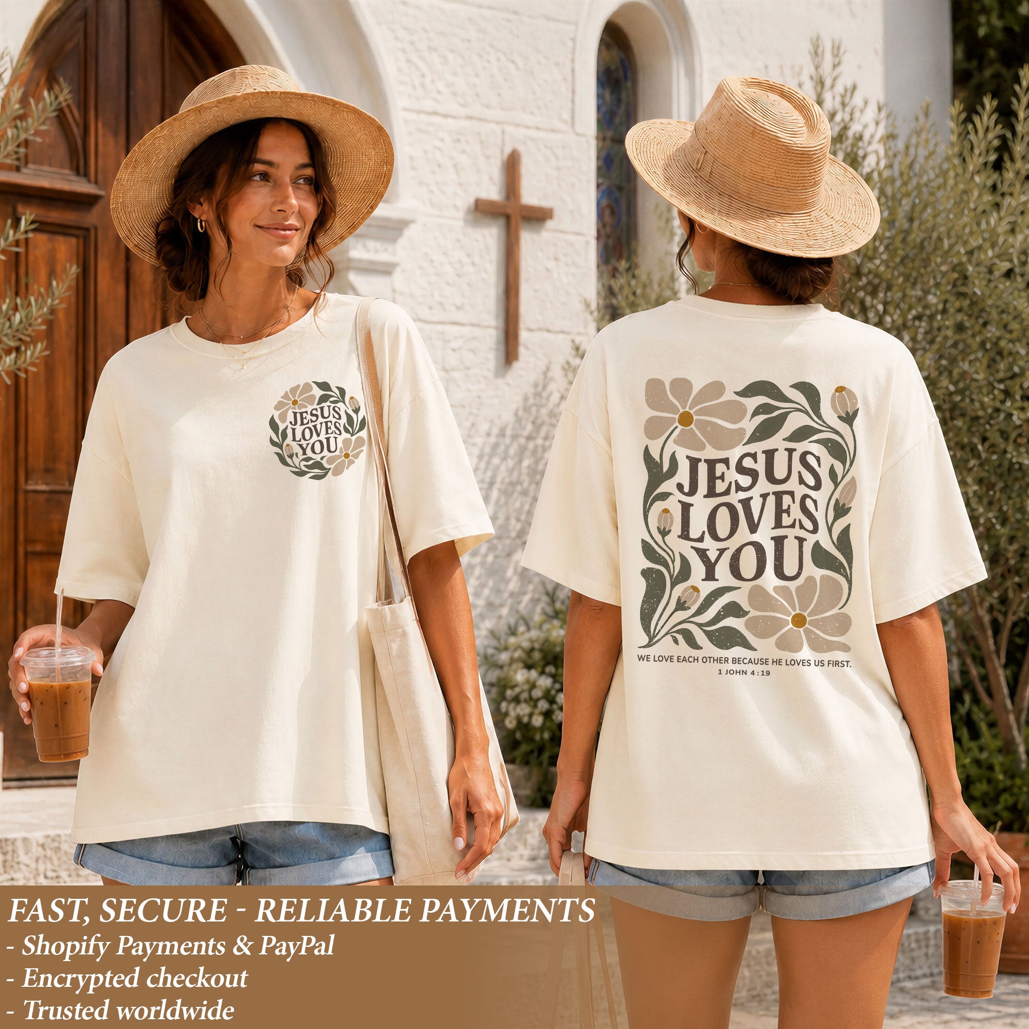 Jesus Loves You Retro Floral 1 John 4 19 Scripture Christian T Shirt Apparel Women - Rust Field Wear