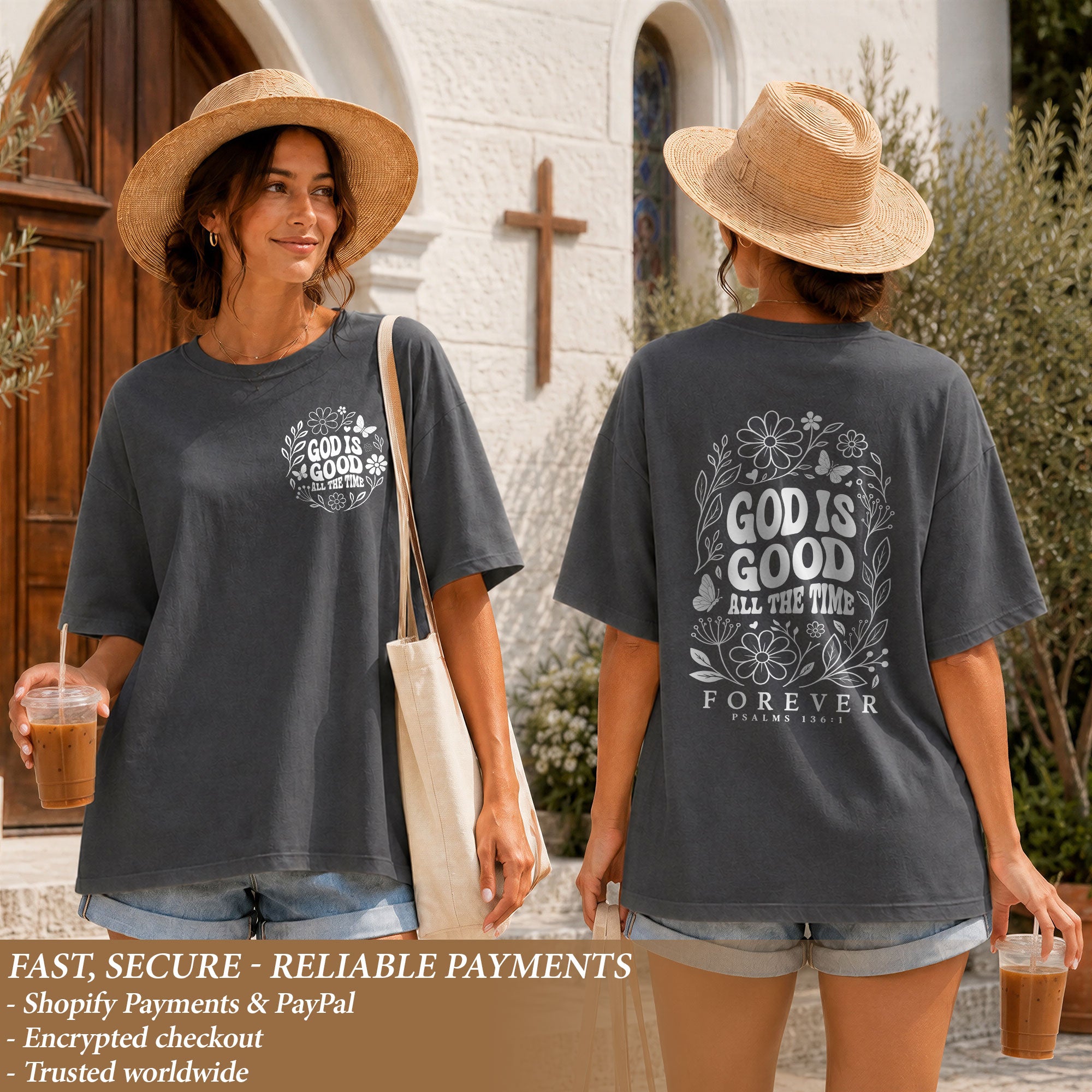 God Is Good All The Time Butterfly Floral Psalms 136 1 Christian T Shirt Apparel Women - Rust Field Wear