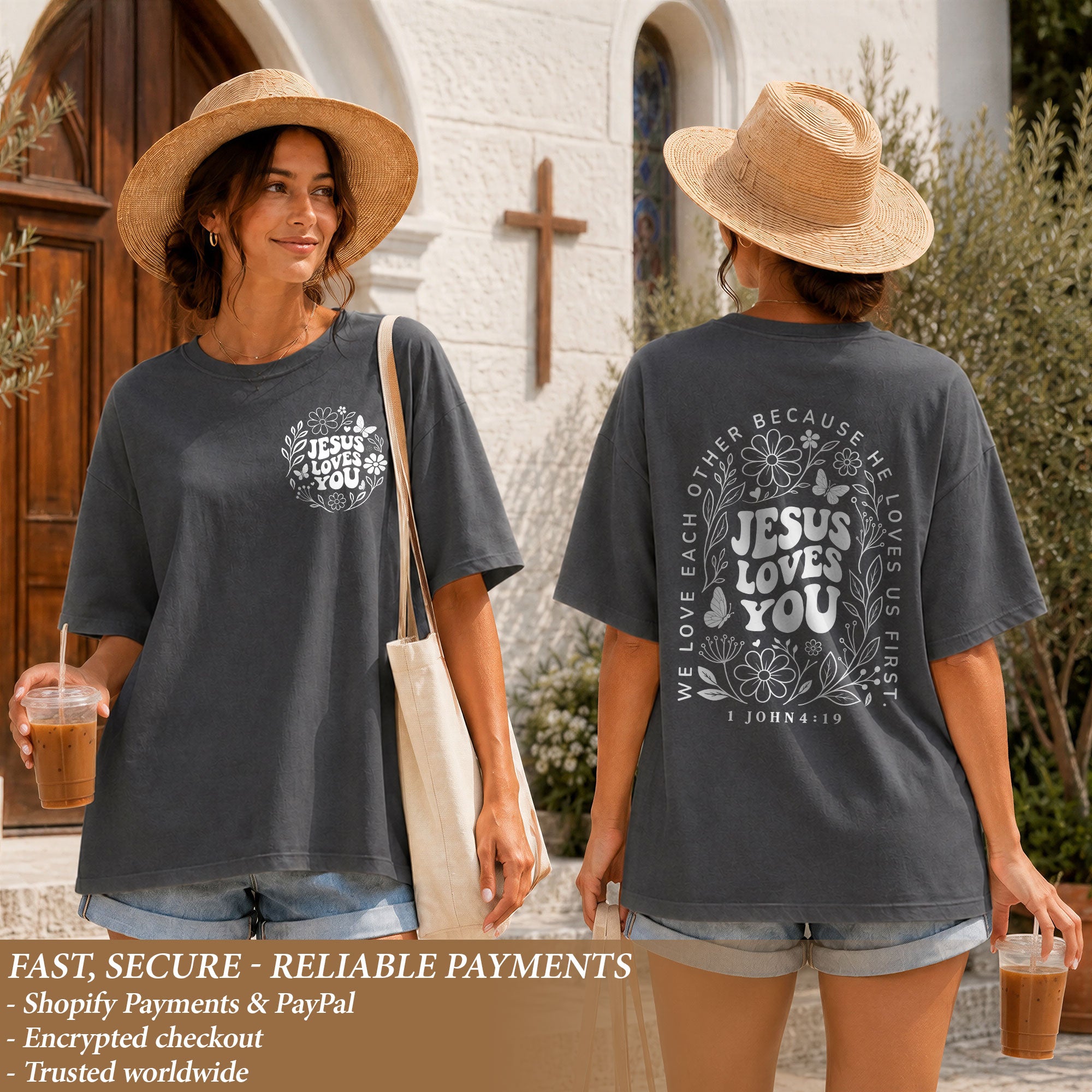 Jesus Loves You Retro Butterfly Floral 1 John 4 19 Christian T Shirt Apparel Women - Rust Field Wear