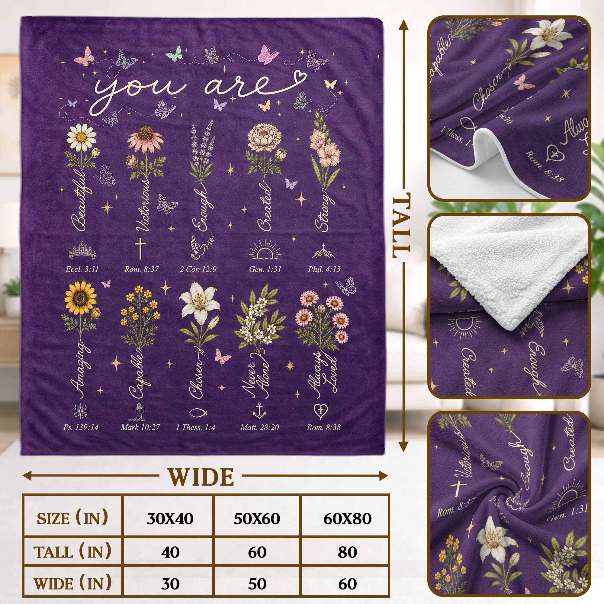 God Says You Are Blanket Purple Floral Christian Scripture Flannel Throw Blanket