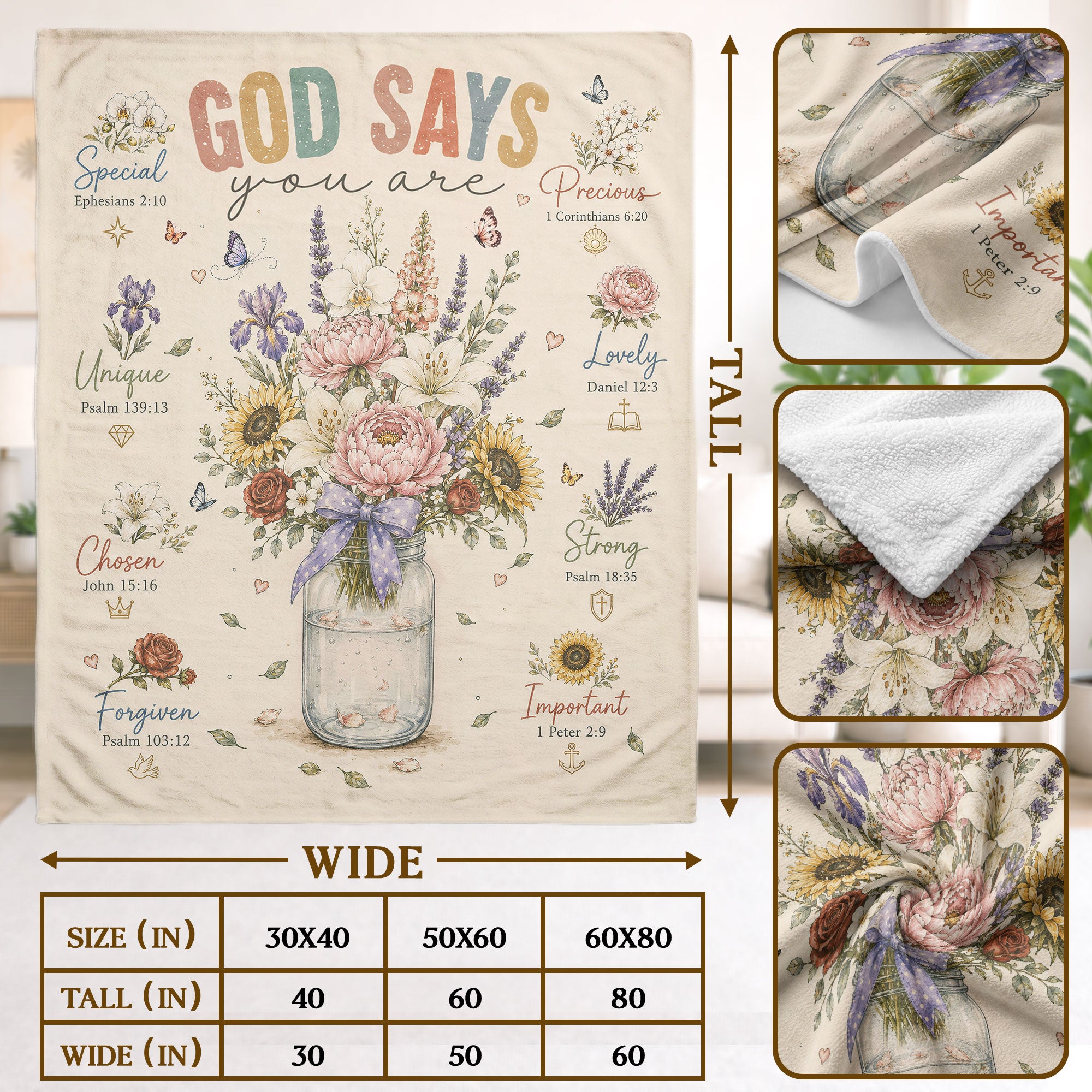 God Says You Are Blanket Inspirational Bible Verse Floral Soft Cozy Throw Blanket