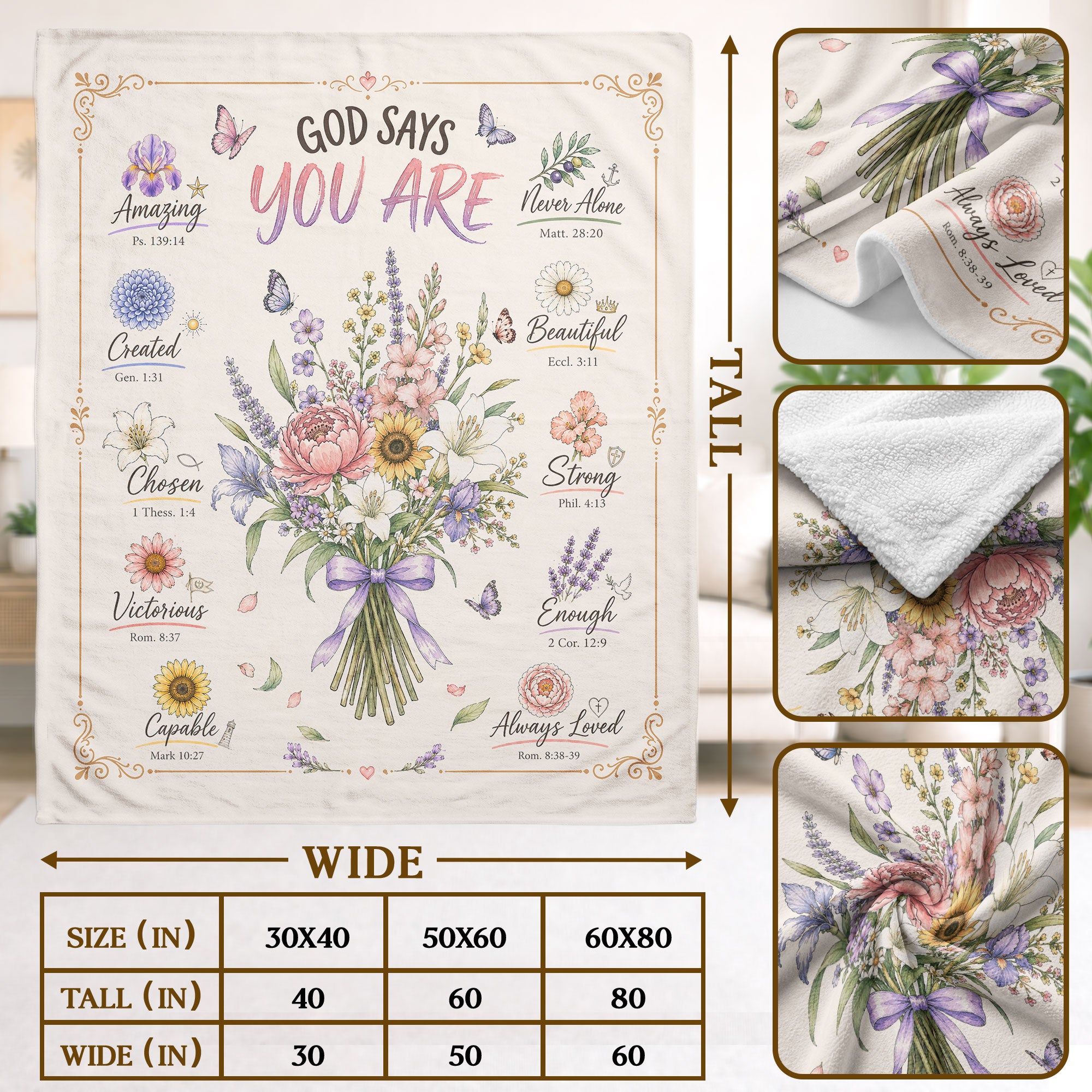 God Says You Are Blanket Christian Scripture Floral Fleece Throw Blanket Decoration