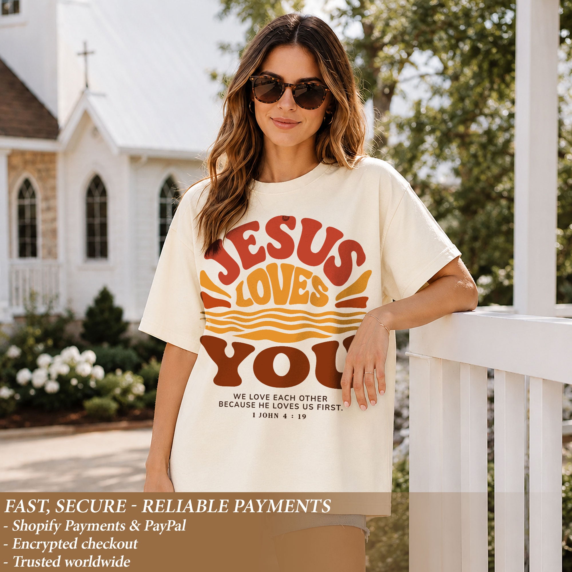 Jesus Loves You Shirt Sunset Wavy 70s Christian Bible Verse 1 John 4 19 Graphic Tee