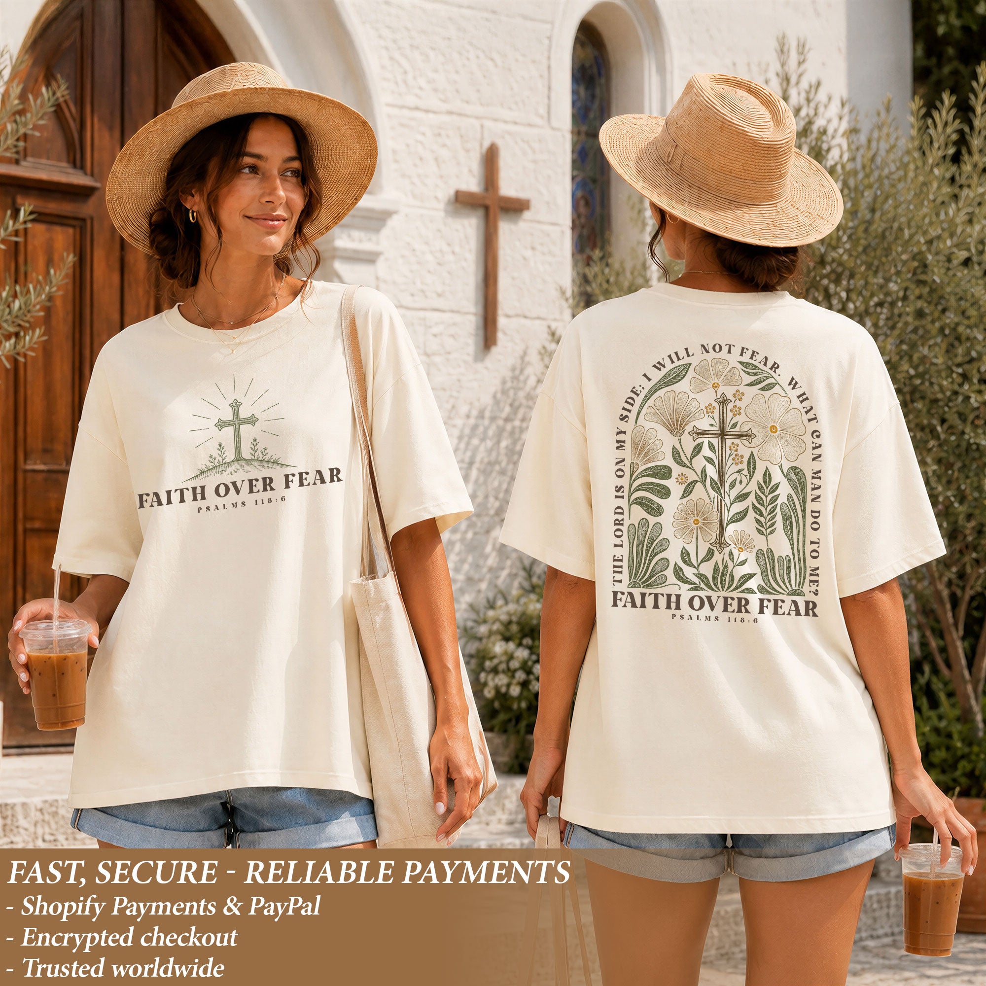 Faith Over Fear Shirt Christian Women Botanical Floral Cross Tee Psalm 118 Bible Verse