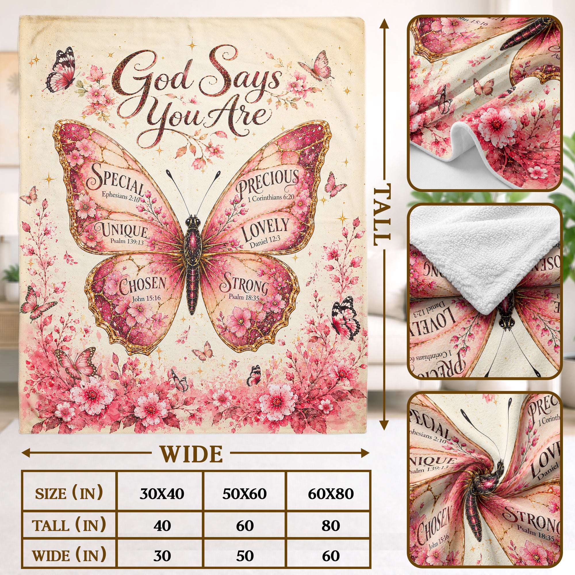 God Says You Are Pink Butterfly Blanket with Bible Verses Christian Floral Faith