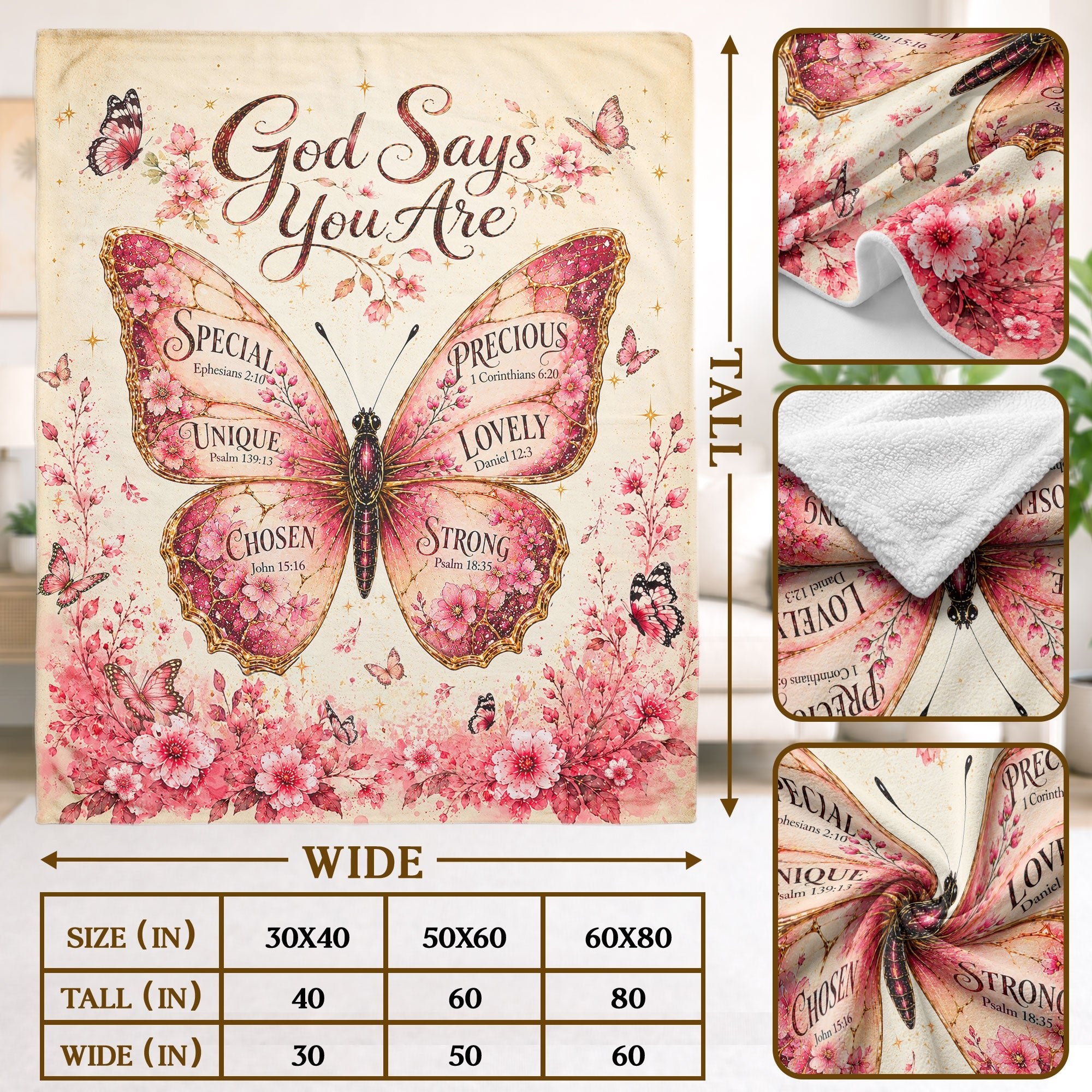 God Says You Are Pink Butterfly Blanket with Bible Verses Christian Floral Faith - Rust Field Wear