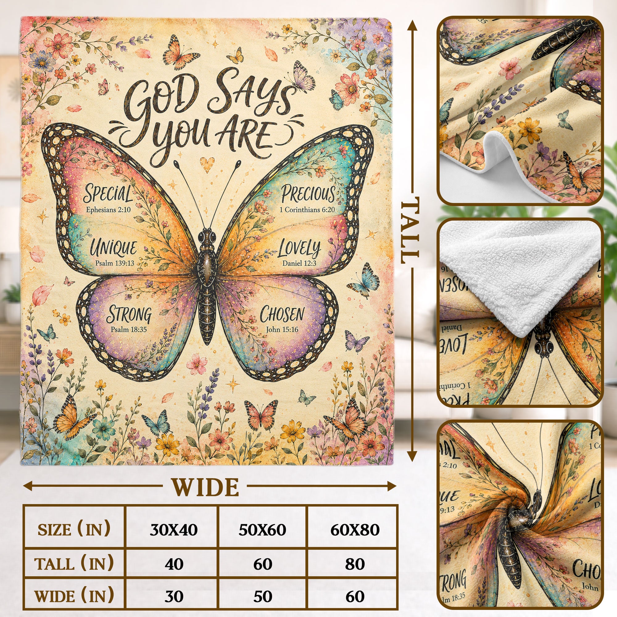 God Says You Are Butterfly Blanket with Bible Verses Christian Floral Inspiration