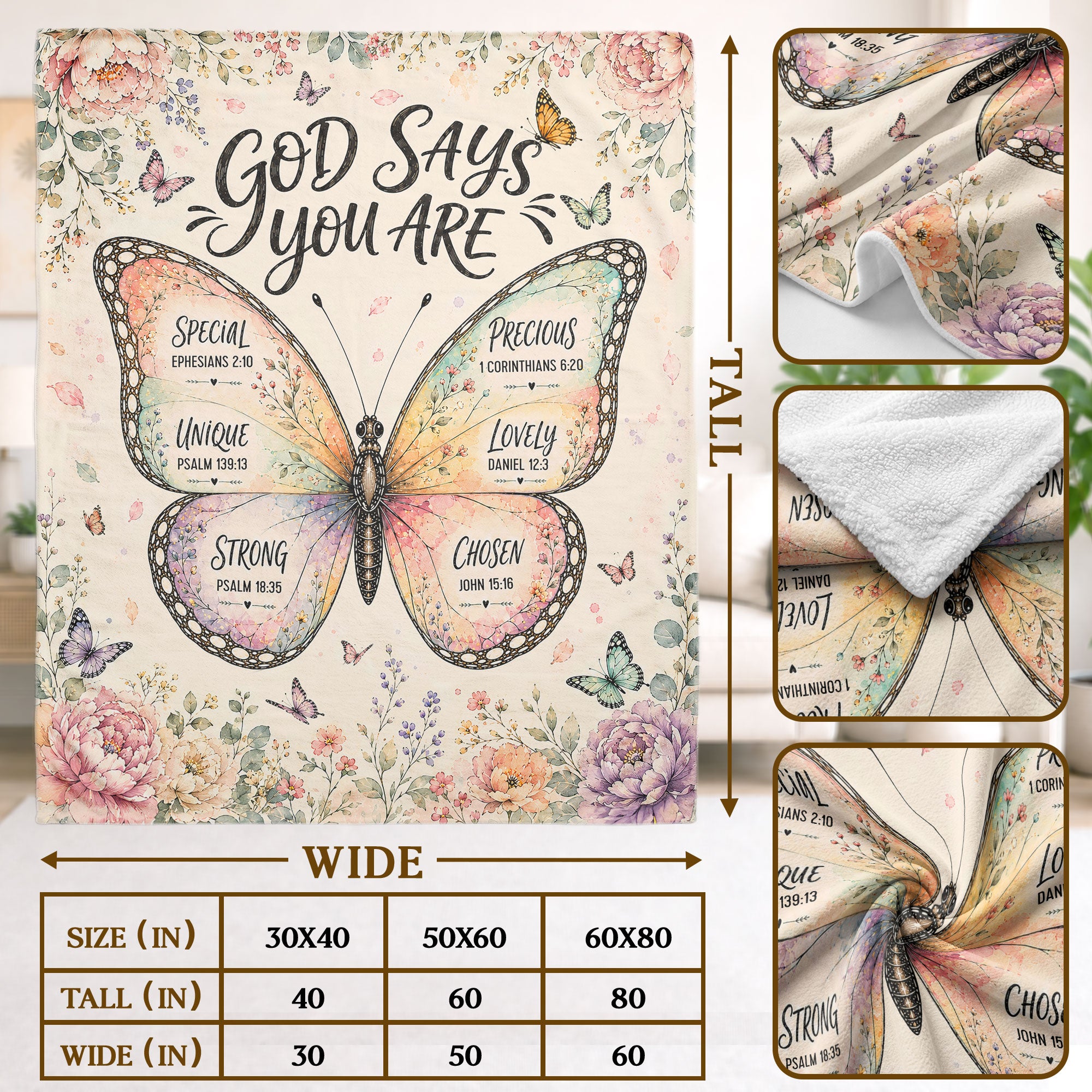 God Says You Are Butterfly Blanket with Bible Verses Christian Floral Faith Inspiration