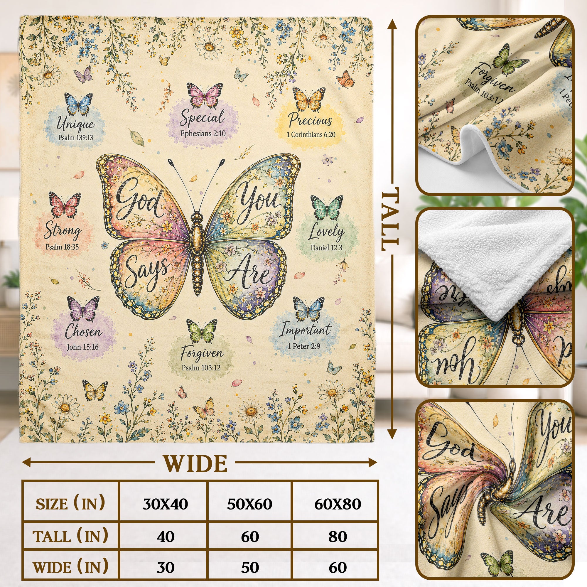 God Says You Are Butterfly Blanket with Bible Verses and Christian Floral Artwork