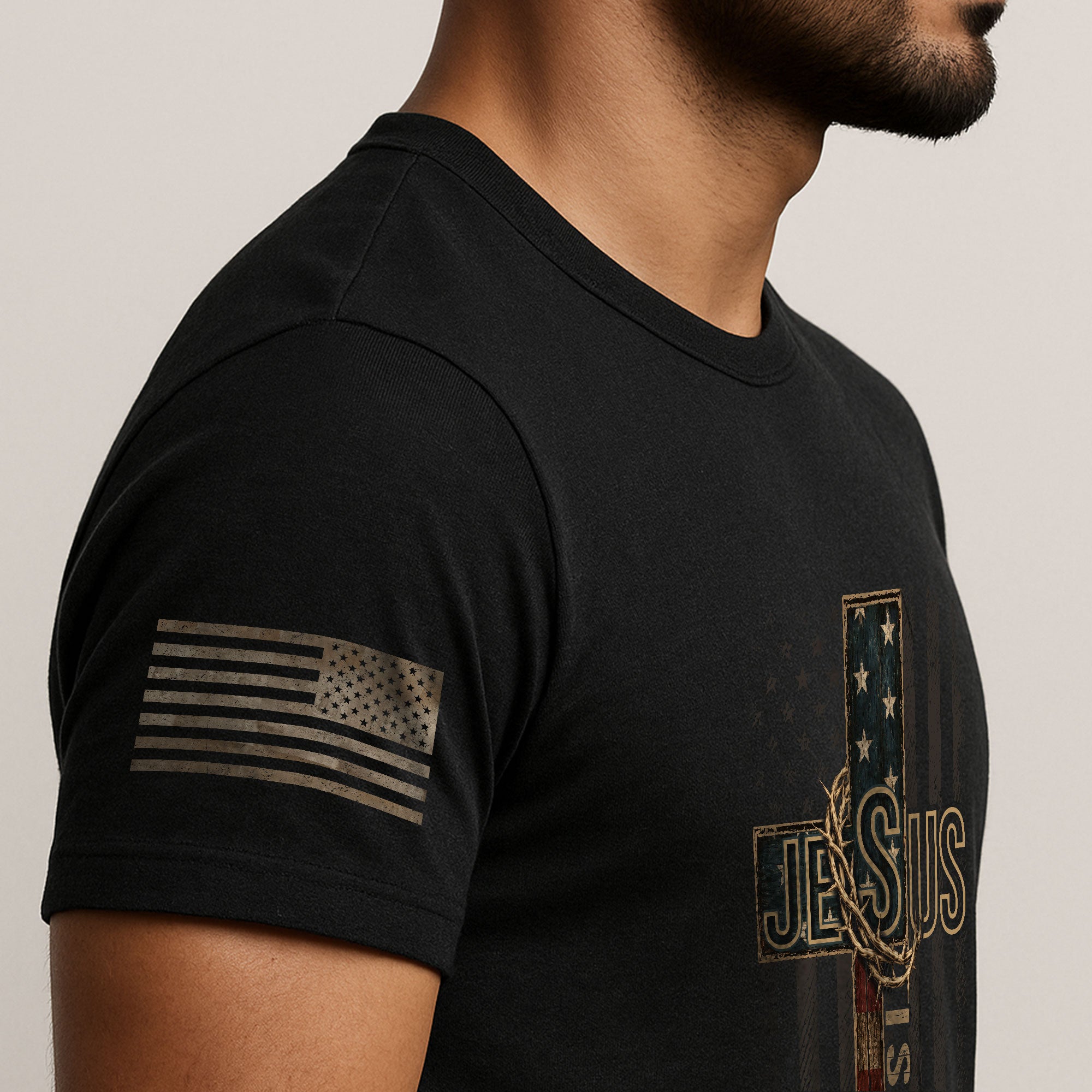 Jesus Is King Shirt Patriotic Christian Men Shirt American Flag Cross Crown Of Thorns Tee