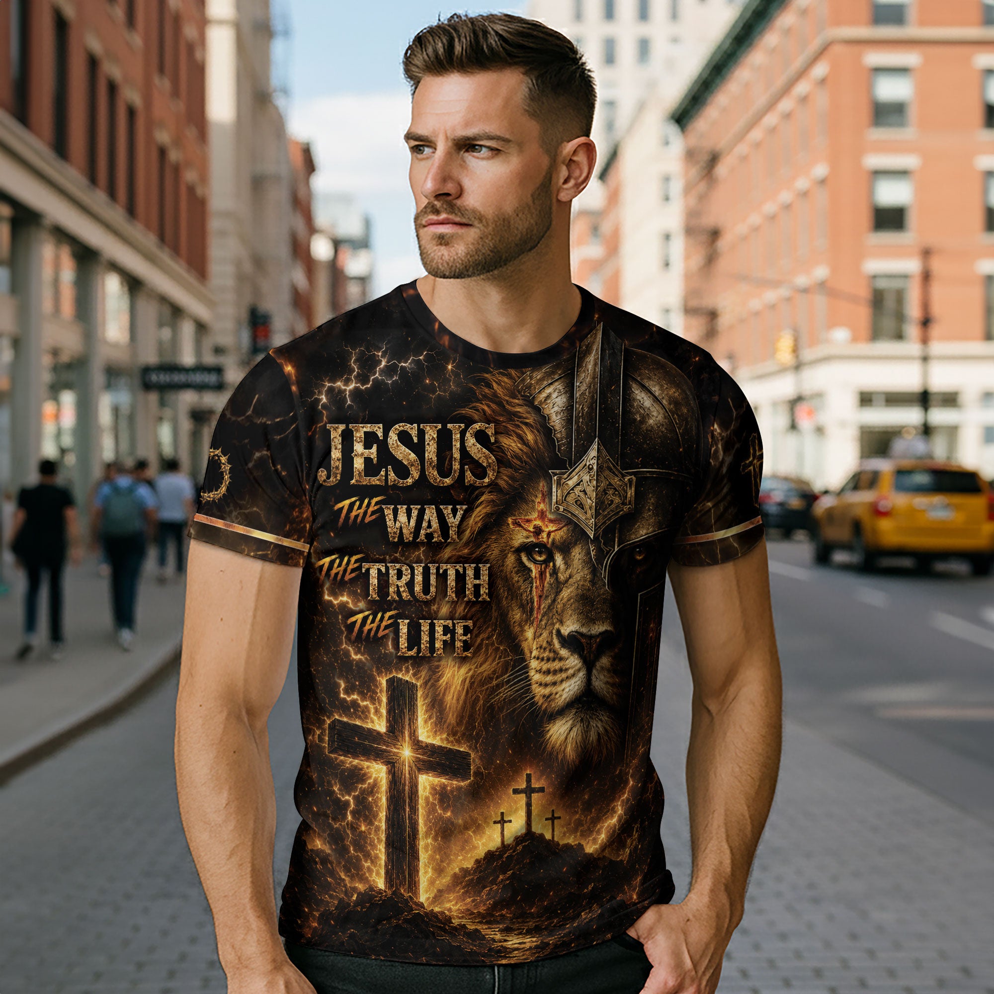 Jesus The Way The Truth The Life Lion Warrior Cross Christian 3D Graphic Tee Shirt Men
