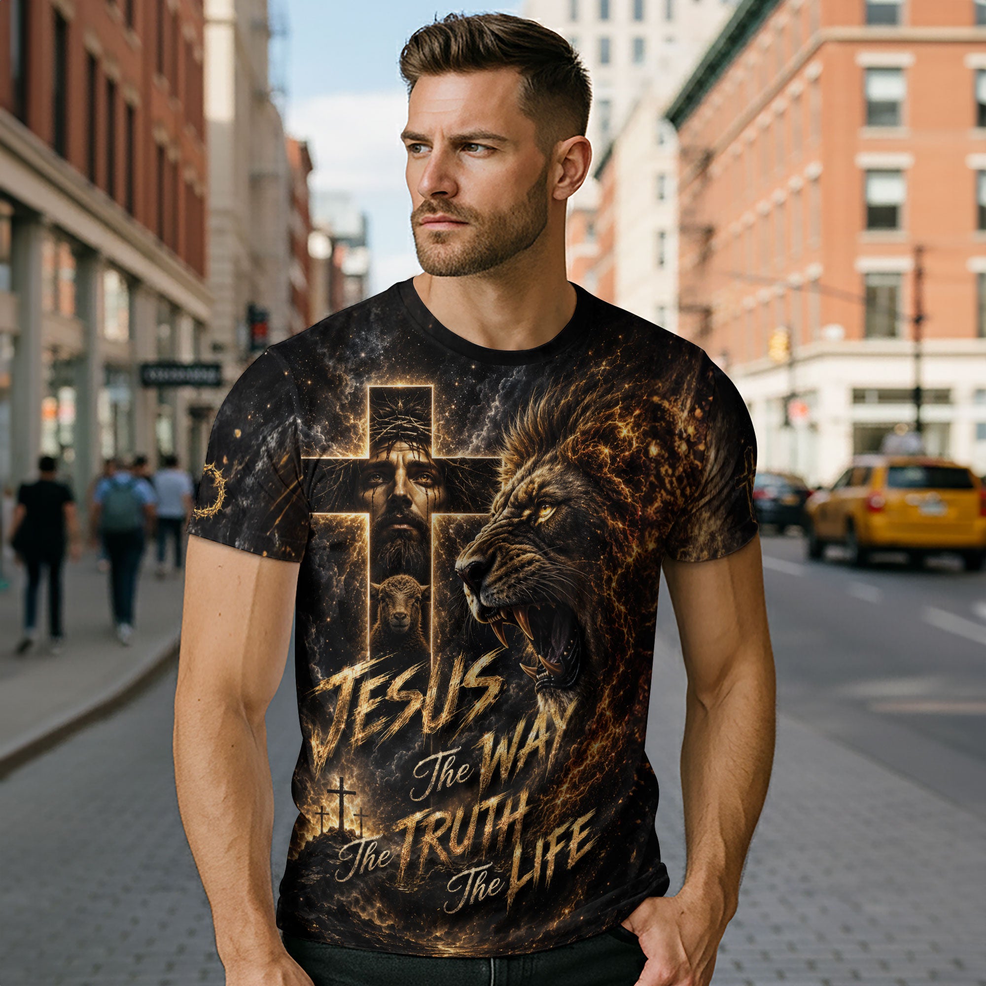 Jesus The Way The Truth The Life Lion Lamb Cross Christian 3D Graphic Tee Shirt Men