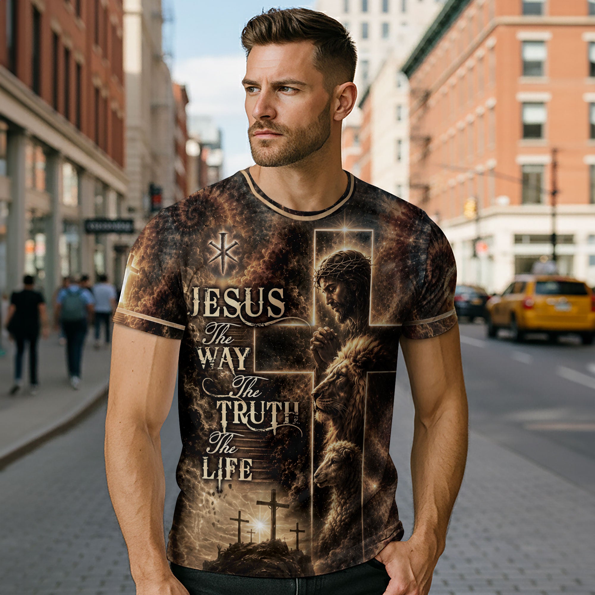 Jesus The Way The Truth The Life Christian Lion Lamb Cross 3D Graphic Shirt for Men