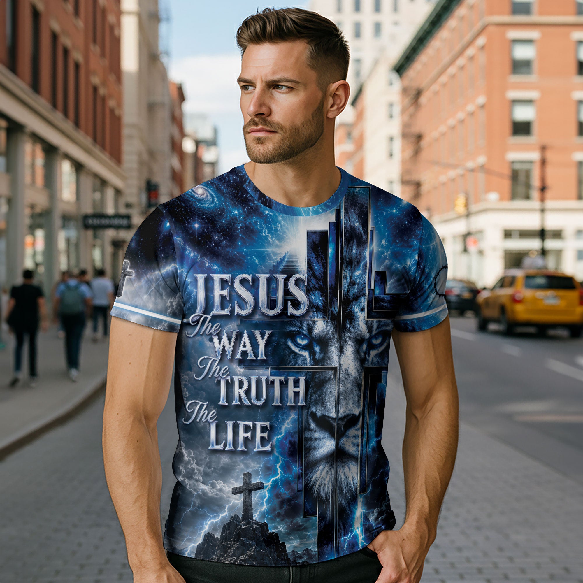 Jesus The Way The Truth The Life Blue Lion Cross Christian 3D Graphic Tee Shirt Men