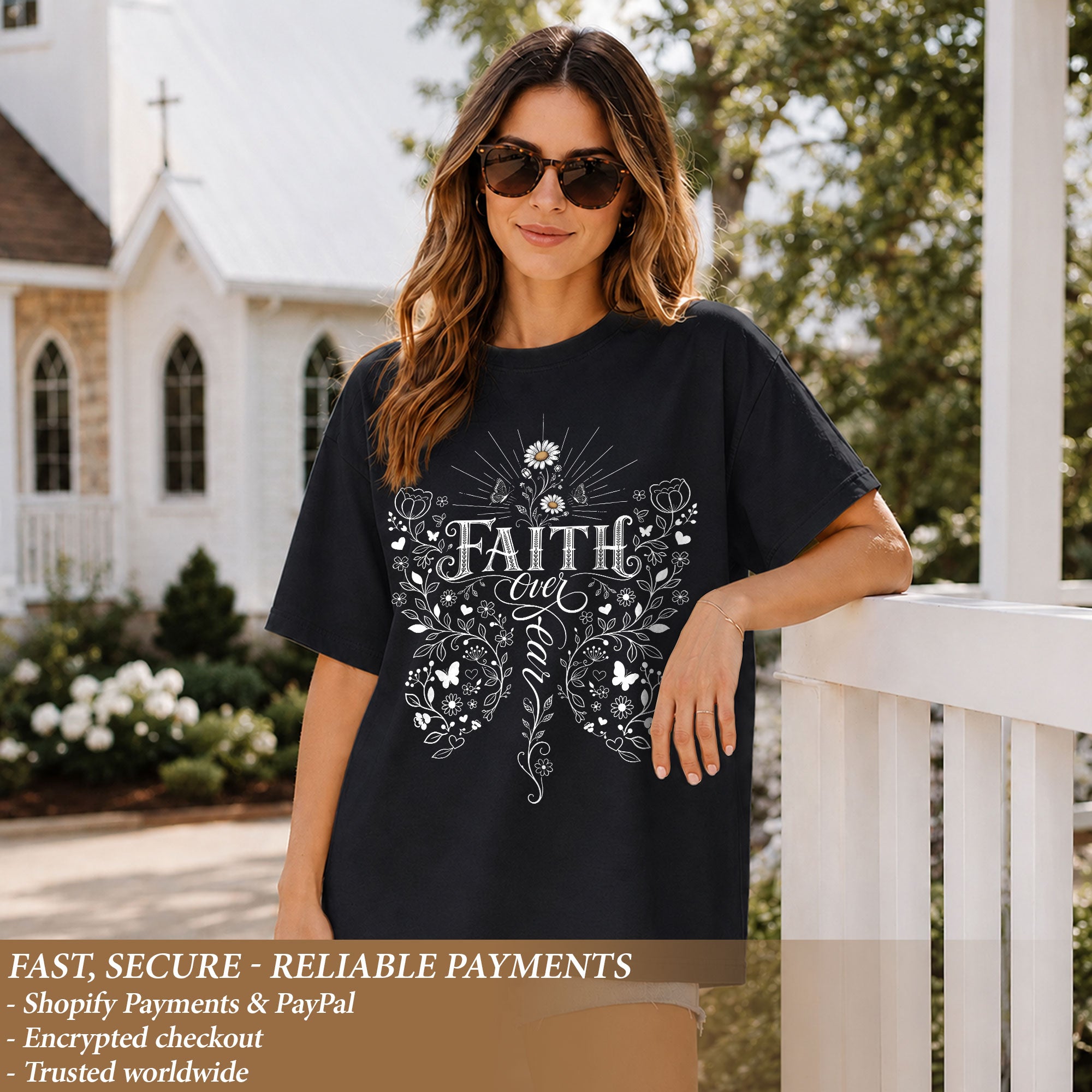 Faith Over Fear Butterfly Floral Christian Graphic Casual Crewneck Tee Shirt Women