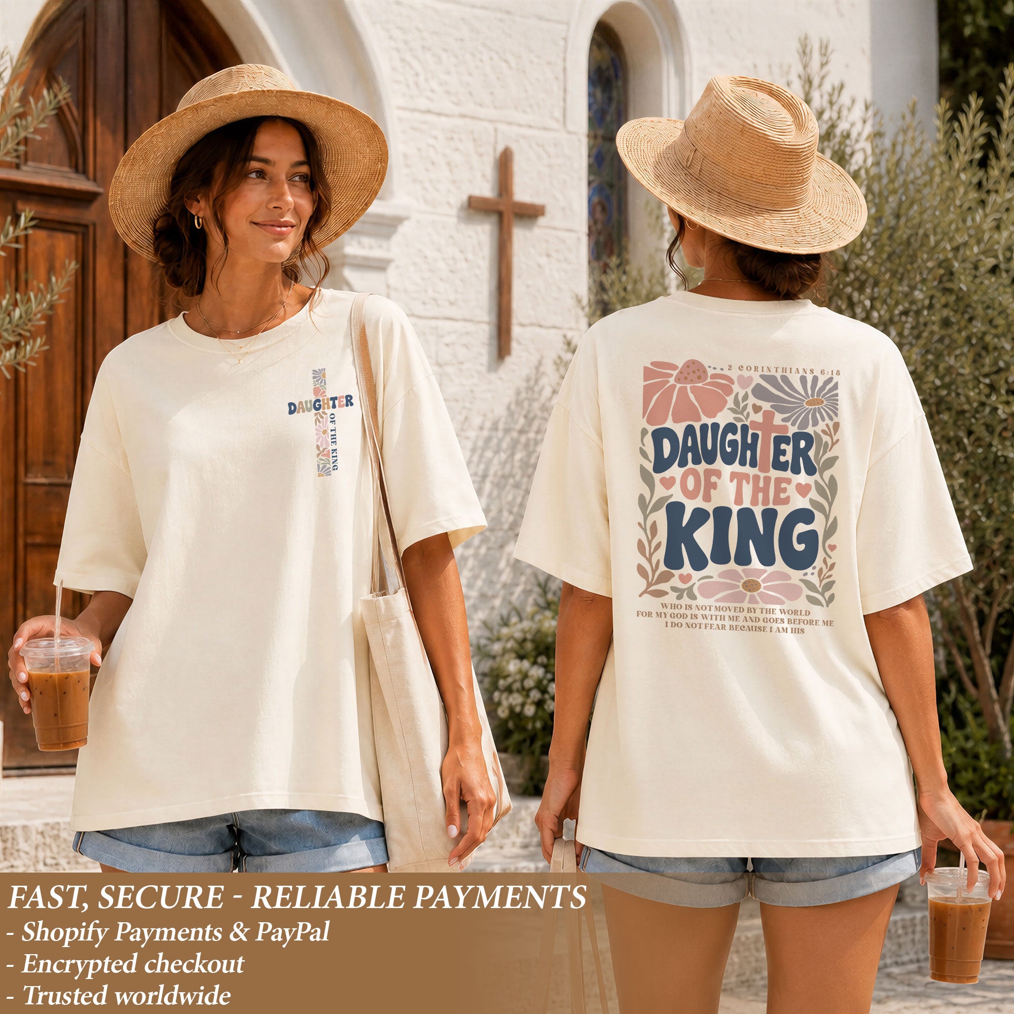 Daughter Of The King Retro Floral Cross Christian Graphic Everyday Tee Shirt Women