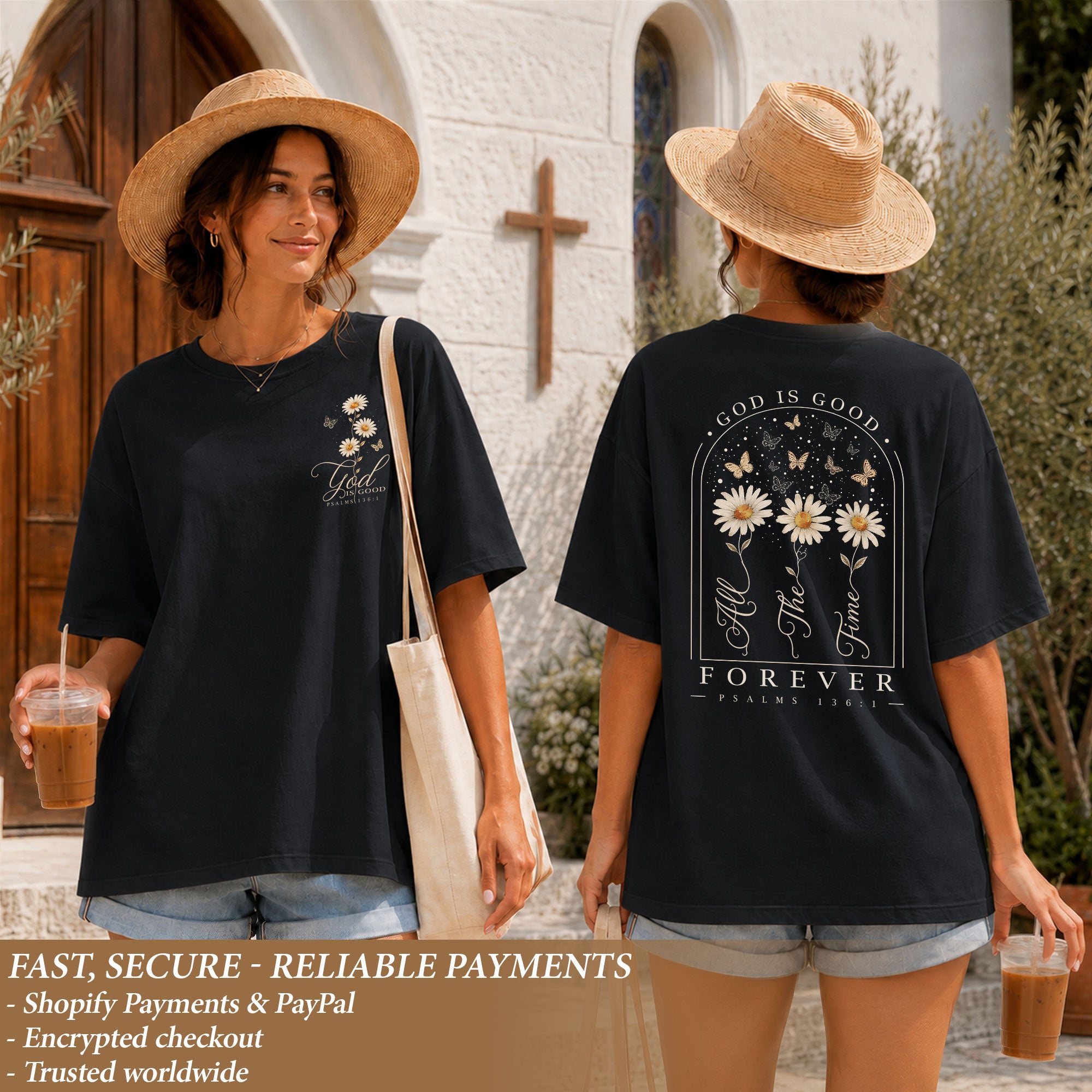 God Is Good Shirt Women Butterfly Daisy Christian T-Shirt Faith Psalms 136 Scripture Tee