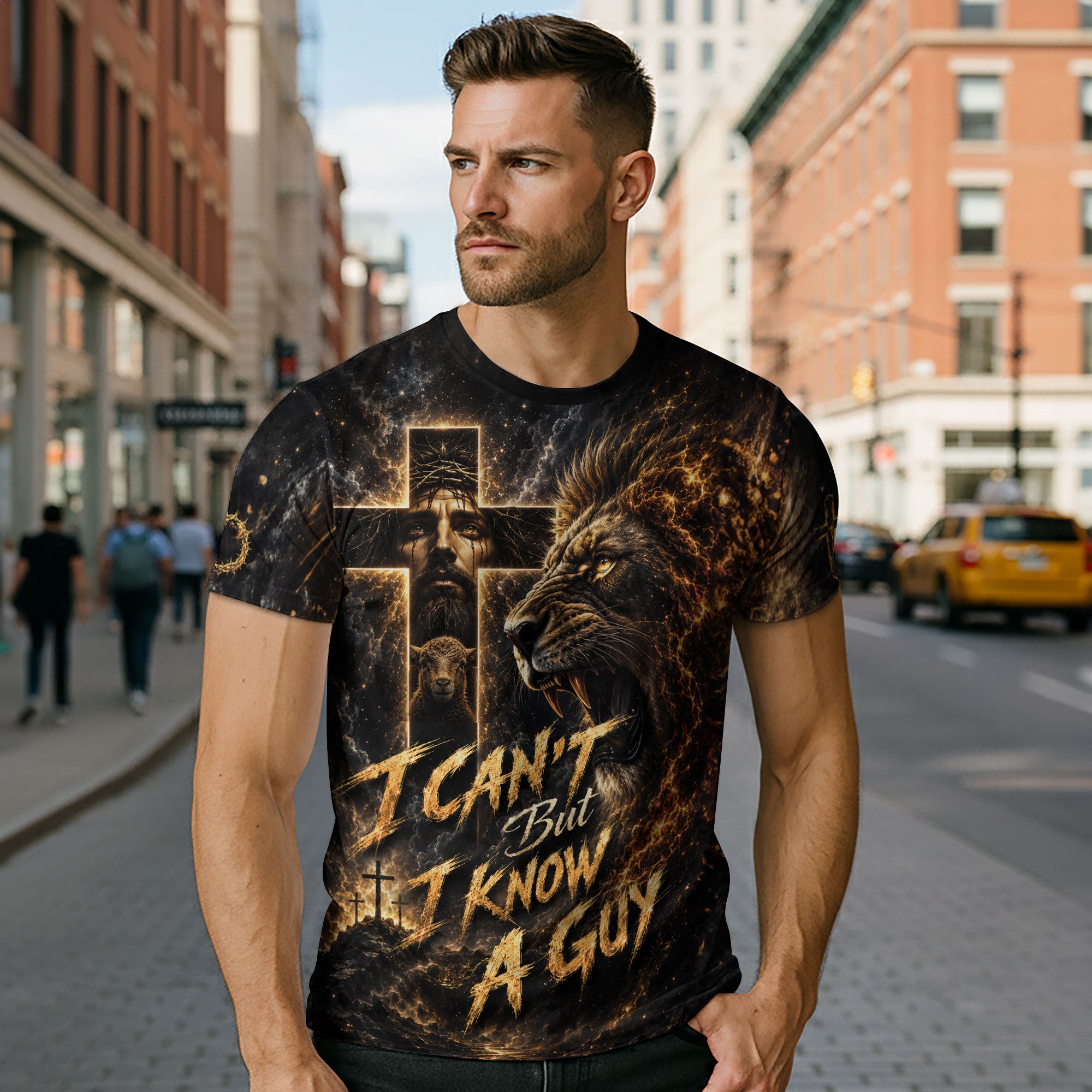 I Cant But I Know A Guy Jesus Lion Cross Christian 3D Graphic Crewneck Shirt For Men